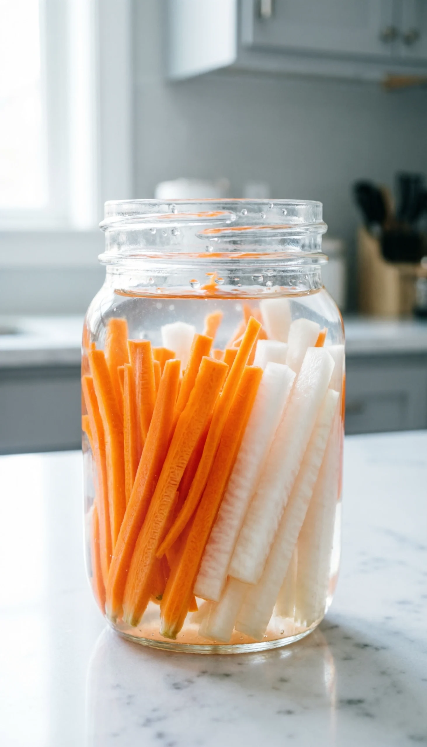 Vibrant julienned pickled daikon radish and orange carrots submerged in liquid within a clear mason jar on marble.