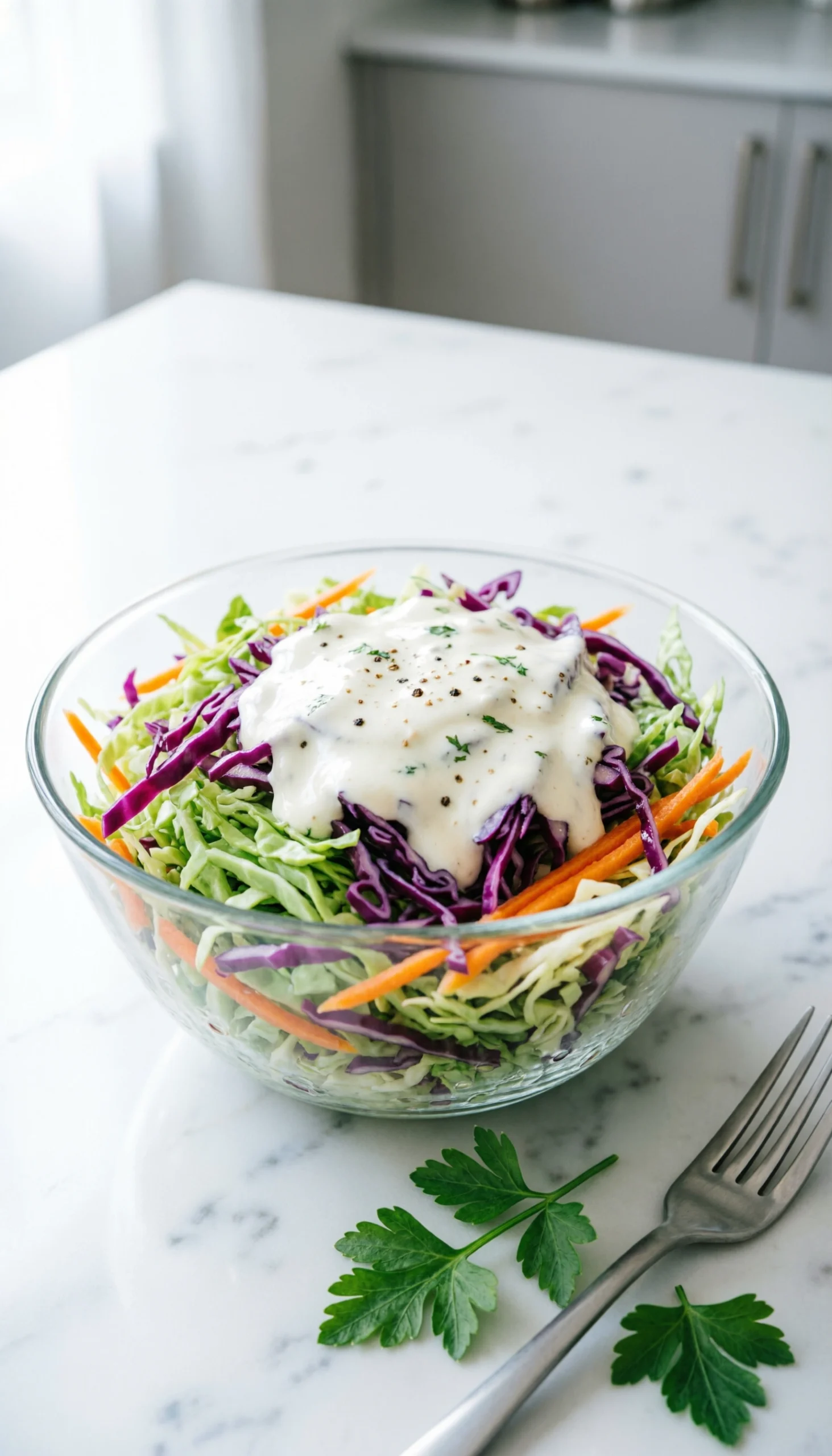 Vibrant keto coleslaw with shredded green and purple cabbage and carrots in a modern glass bowl on a marble countertop.