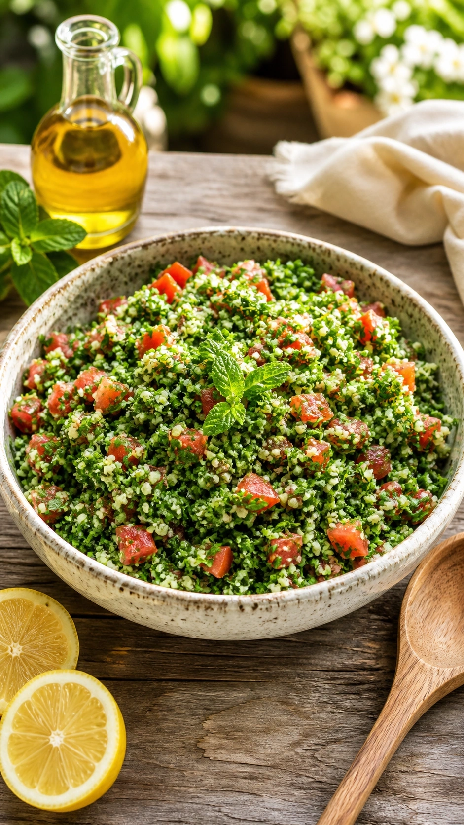 Vibrant keto tabouli salad with fresh parsley, mint, tomatoes, and hemp hearts in an artisanal ceramic bowl.
