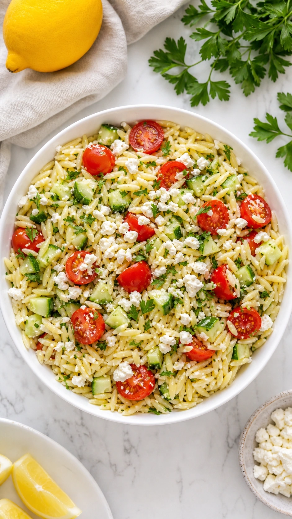 Vibrant lemony orzo pasta salad with feta, cucumber, and tomatoes in a white bowl on a marble kitchen counter.