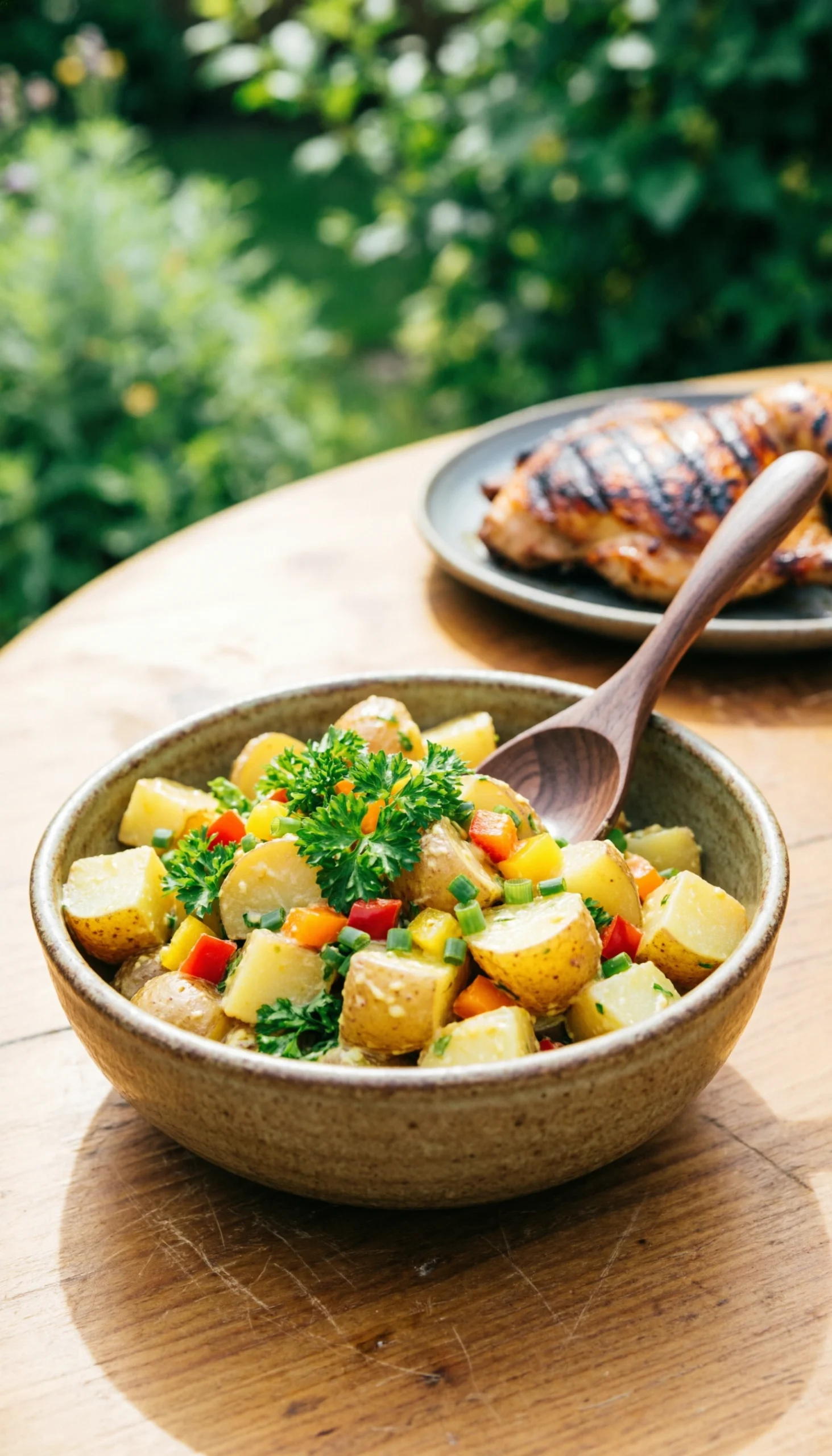 Vibrant mustard potato salad with golden potatoes, fresh herbs, and colorful bell peppers in a rustic bowl on a wooden table, perfect for a summer cookout.