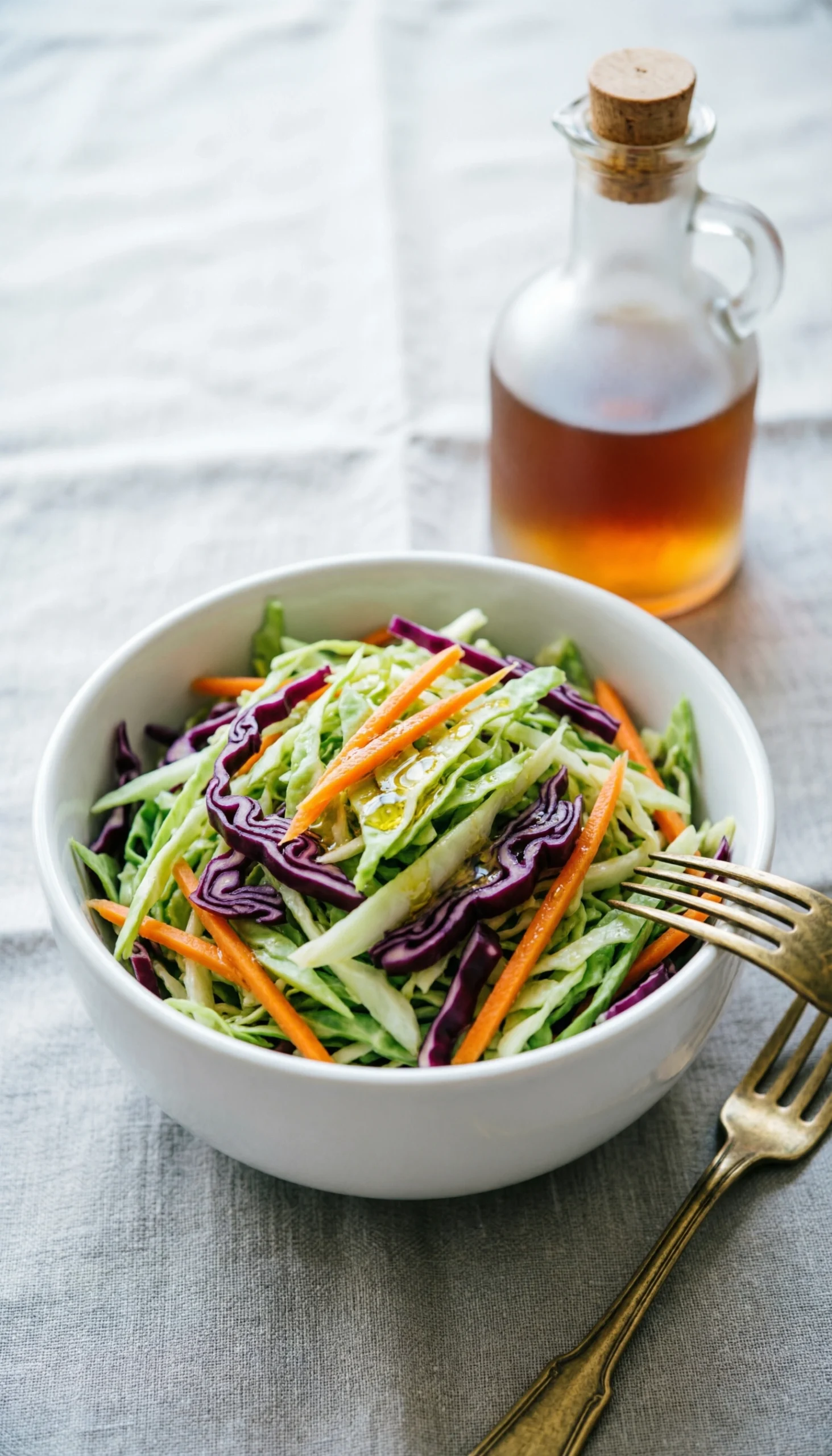 Vibrant No-Mayo Coleslaw With Shredded Green And Purple Cabbage And Carrots With Vinaigrette In A White Bowl.