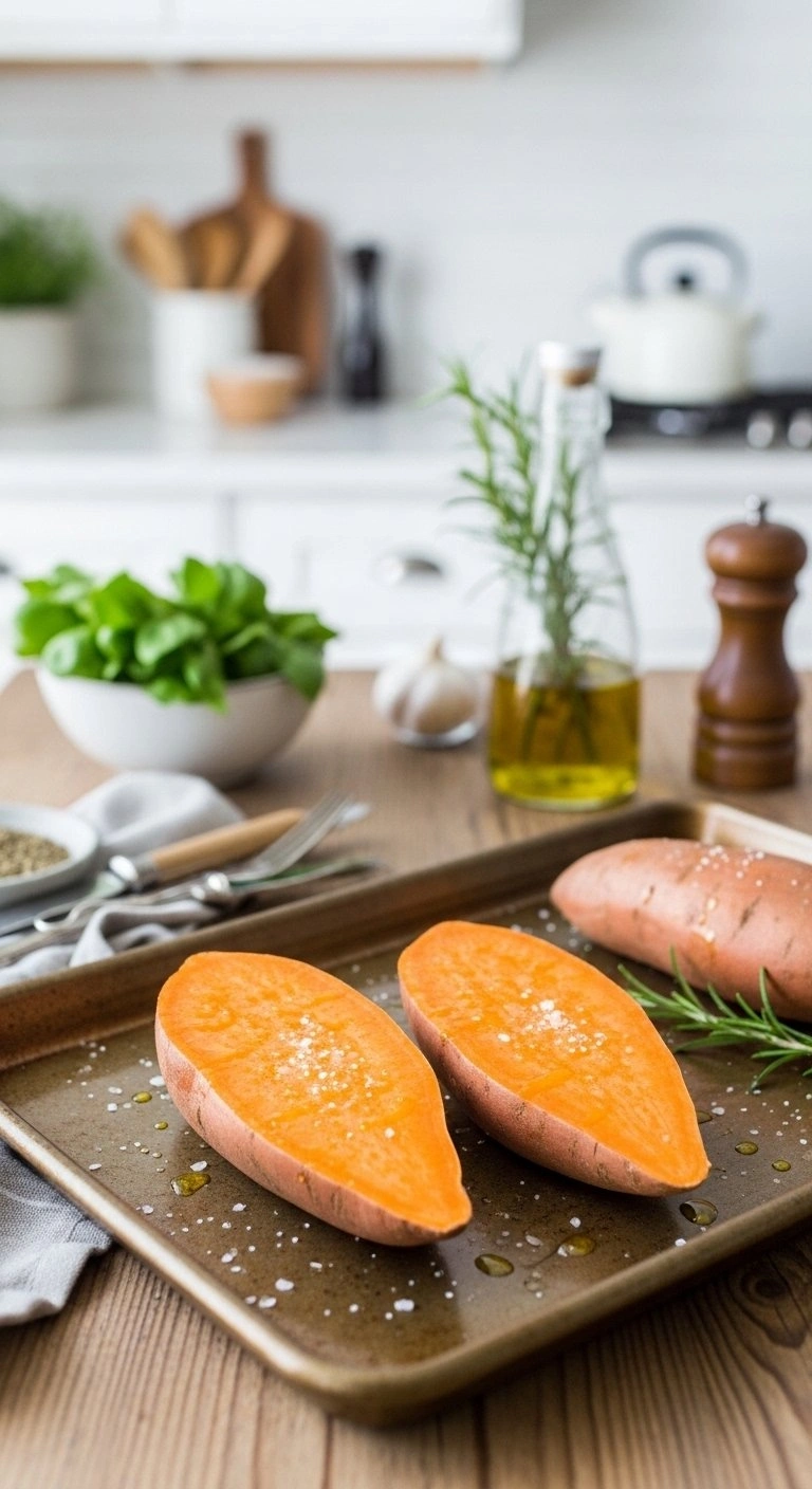 Vibrant Orange Sweet Potato Halves, Glossy With Olive Oil And Sprinkled With Sea Salt, Ready For Roasting On A Baking Sheet In A Rustic Kitchen.