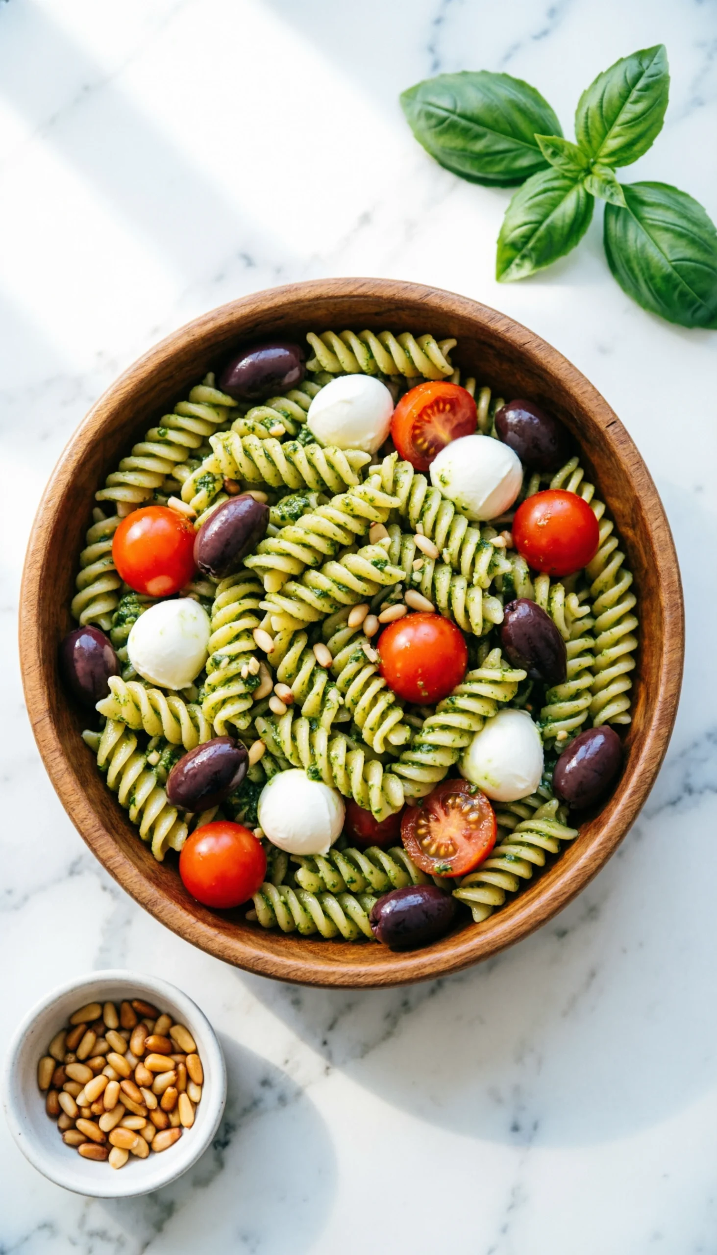 Vibrant pesto pasta salad with rotini, cherry tomatoes, mozzarella, and olives in a wooden bowl on a marble counter.