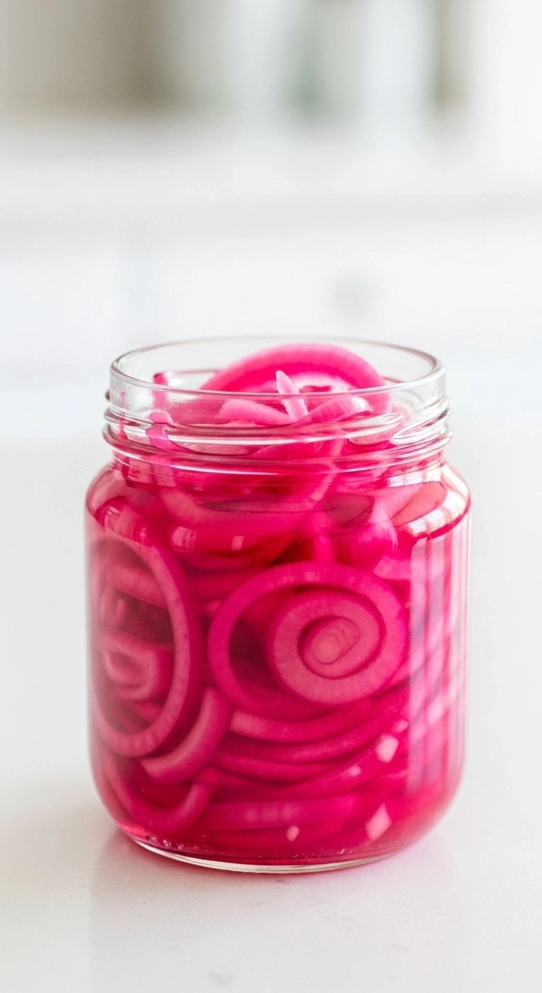 Vibrant Pink Quick-Pickled Red Onions In A Glass Jar On A White Kitchen Counter Showing Translucent, Bright Onion Slices.