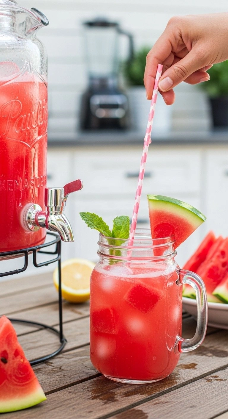 Vibrant Pink Watermelon Lemonade In A Glass Dispenser With Frozen Fruit Cubes On A Rustic Outdoor Patio Table.