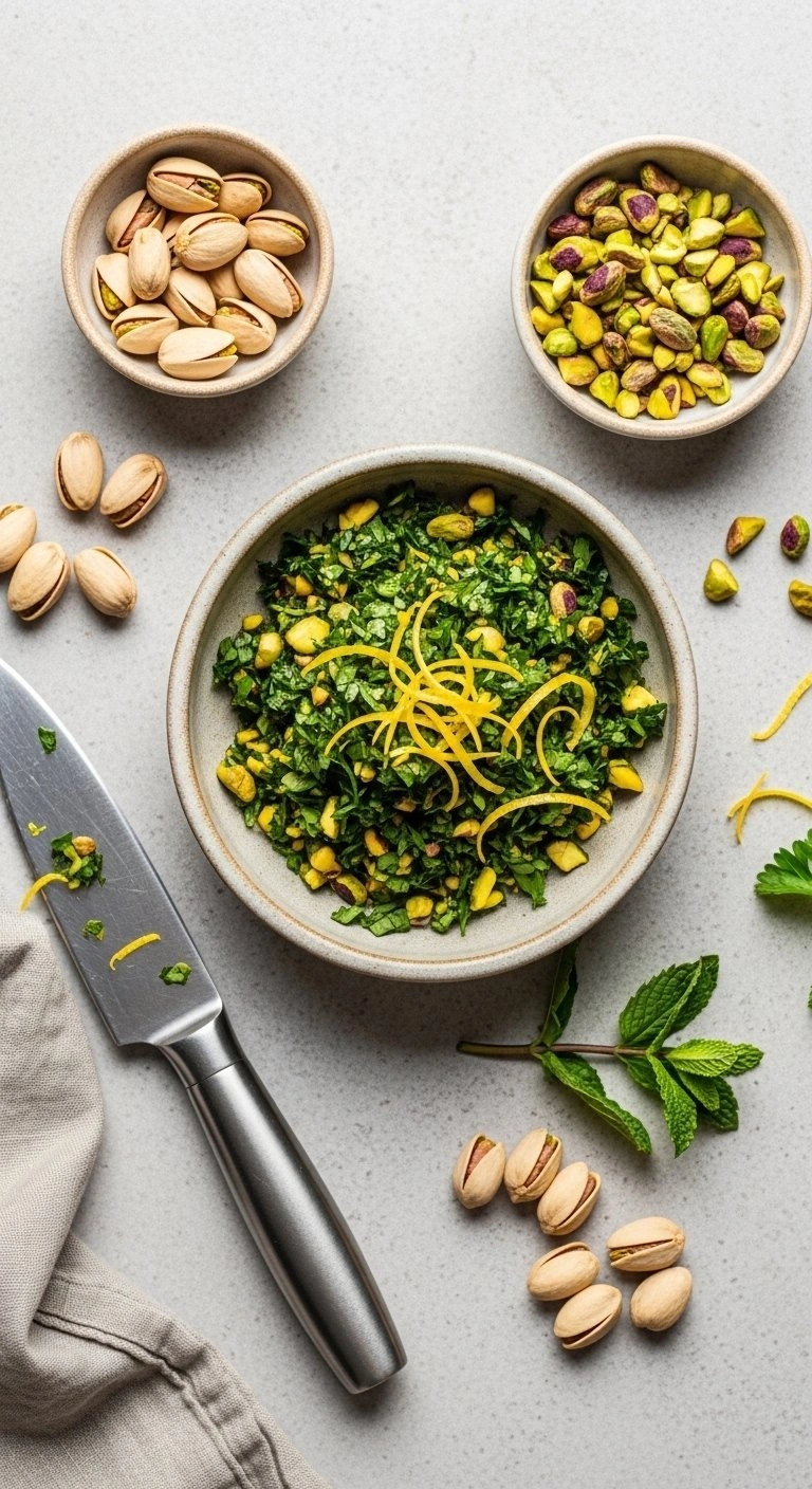Vibrant Pistachio Gremolata With Fresh Parsley And Lemon Zest In A Handmade Ceramic Bowl On A Neutral Stone Surface.