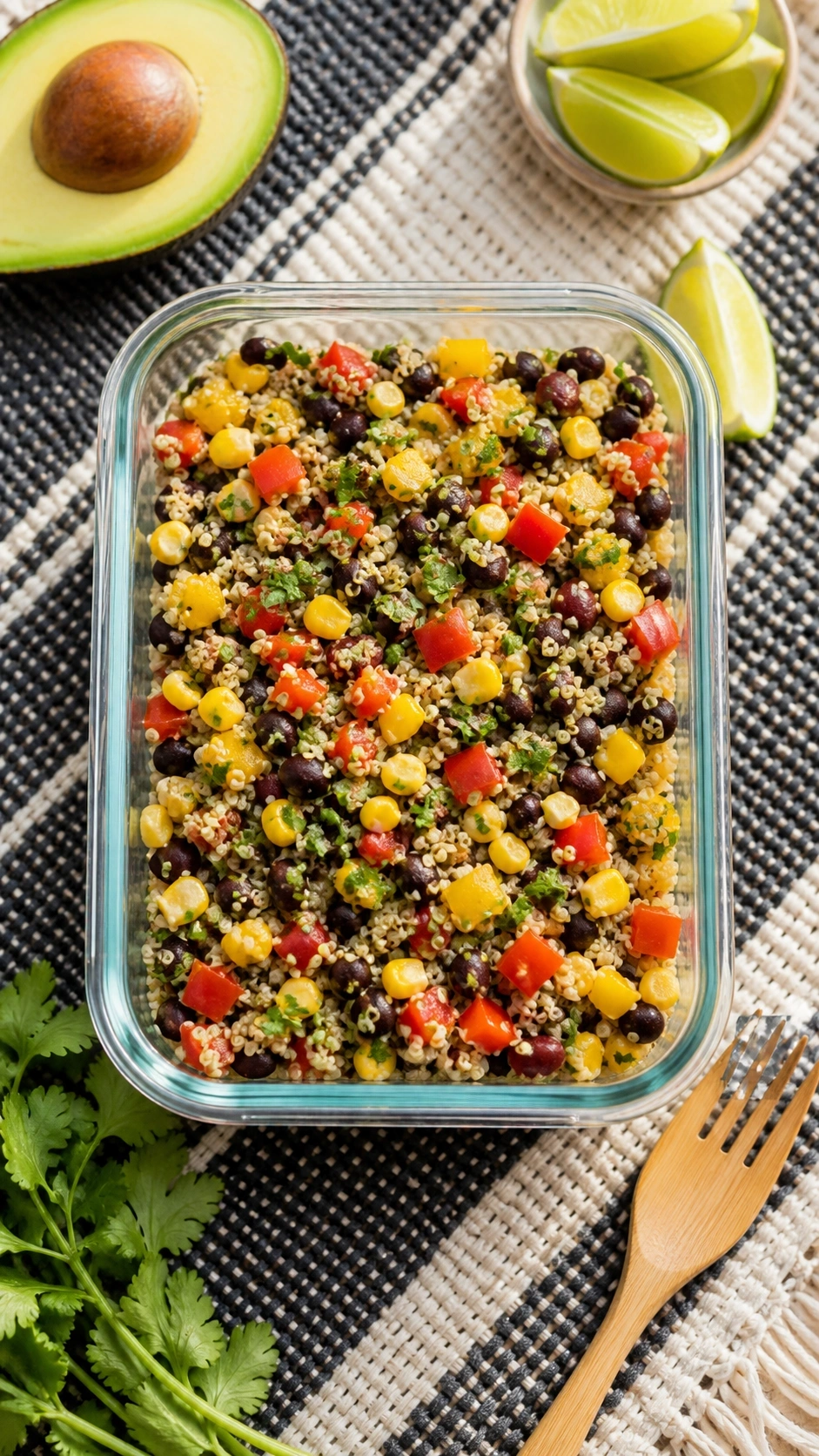 Vibrant quinoa and black bean salad with bell peppers and corn in a portable airtight container on a picnic blanket.