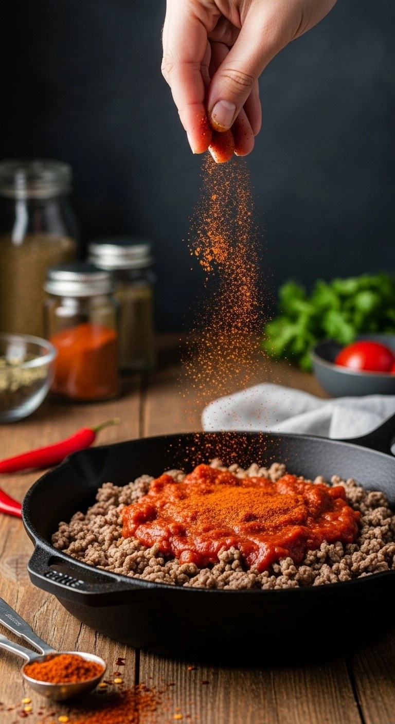 Vibrant Red And Orange Taco Spices Sprinkle Over Browned Ground Beef In A Cast Iron Skillet, Creating A Rich Sauce.