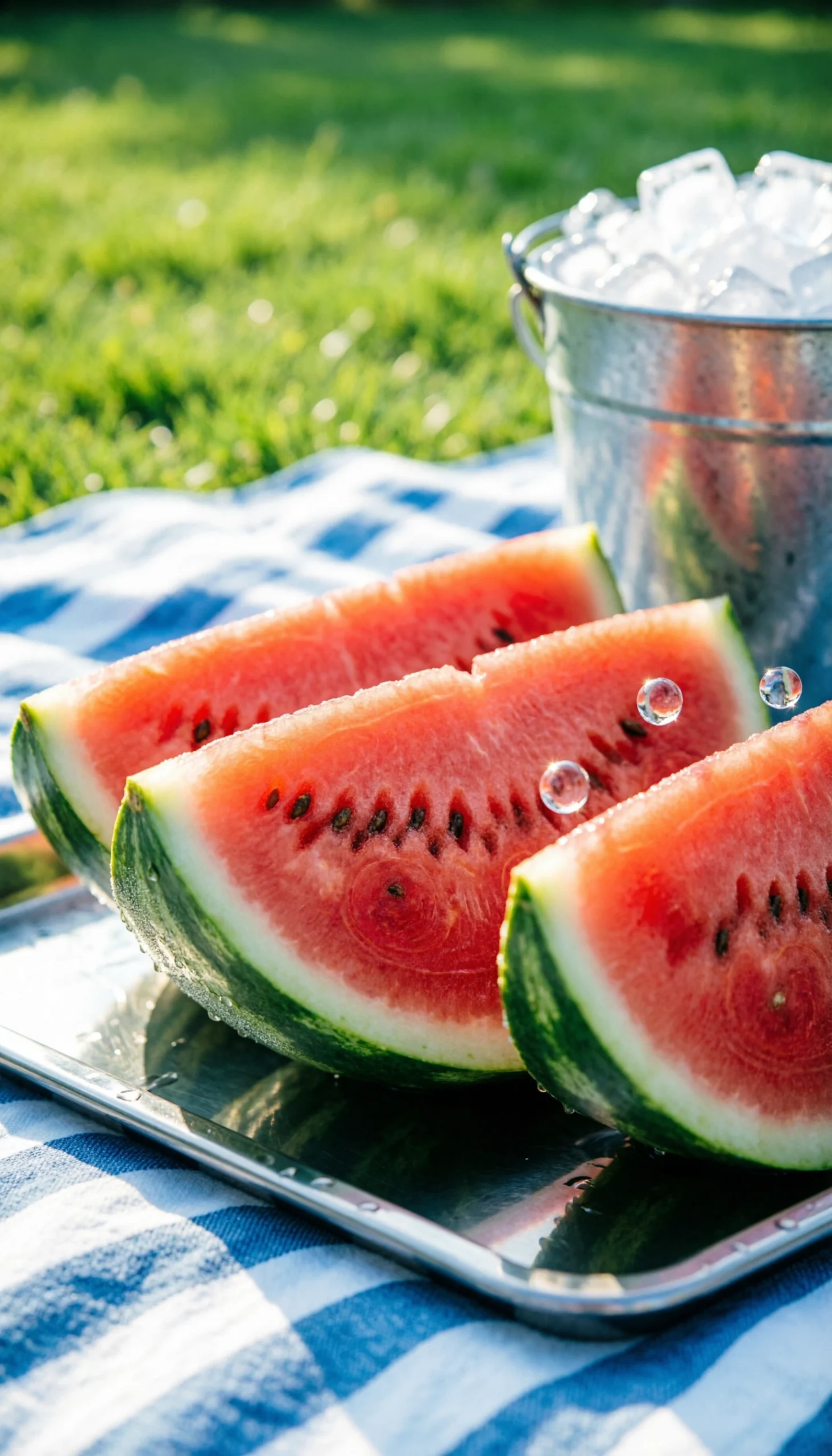 Vibrant red seedless watermelon slices showing frosty condensation, served on a chilled stainless steel platter.