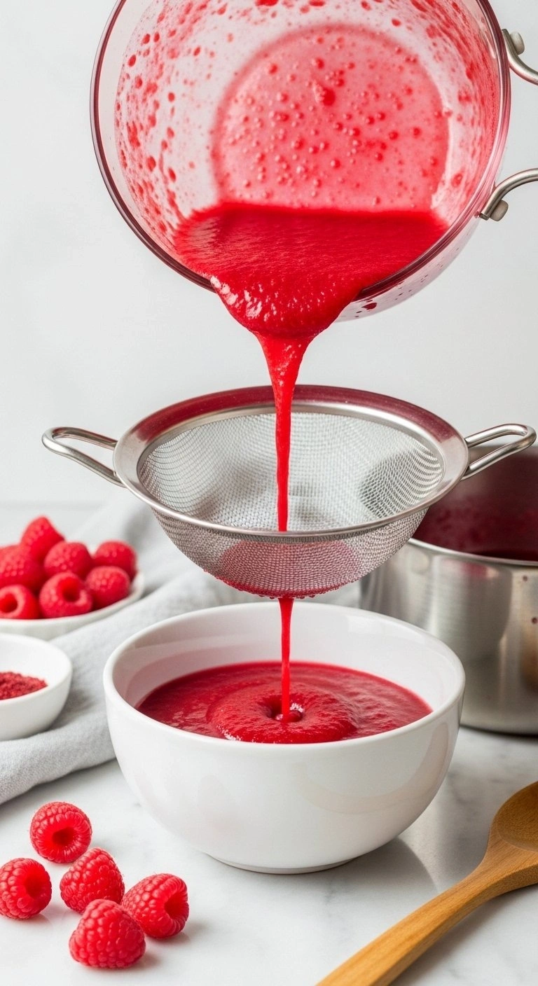 Vibrant Ruby Red Raspberry Coulis Being Strained Through A Fine-Mesh Sieve Into A White Ceramic Bowl For Dessert.
