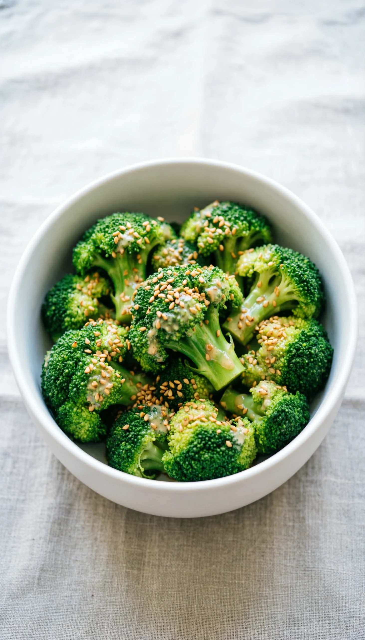 Vibrant sesame broccoli salad with bright green florets lightly coated in dressing and toasted sesame seeds in a white bowl.