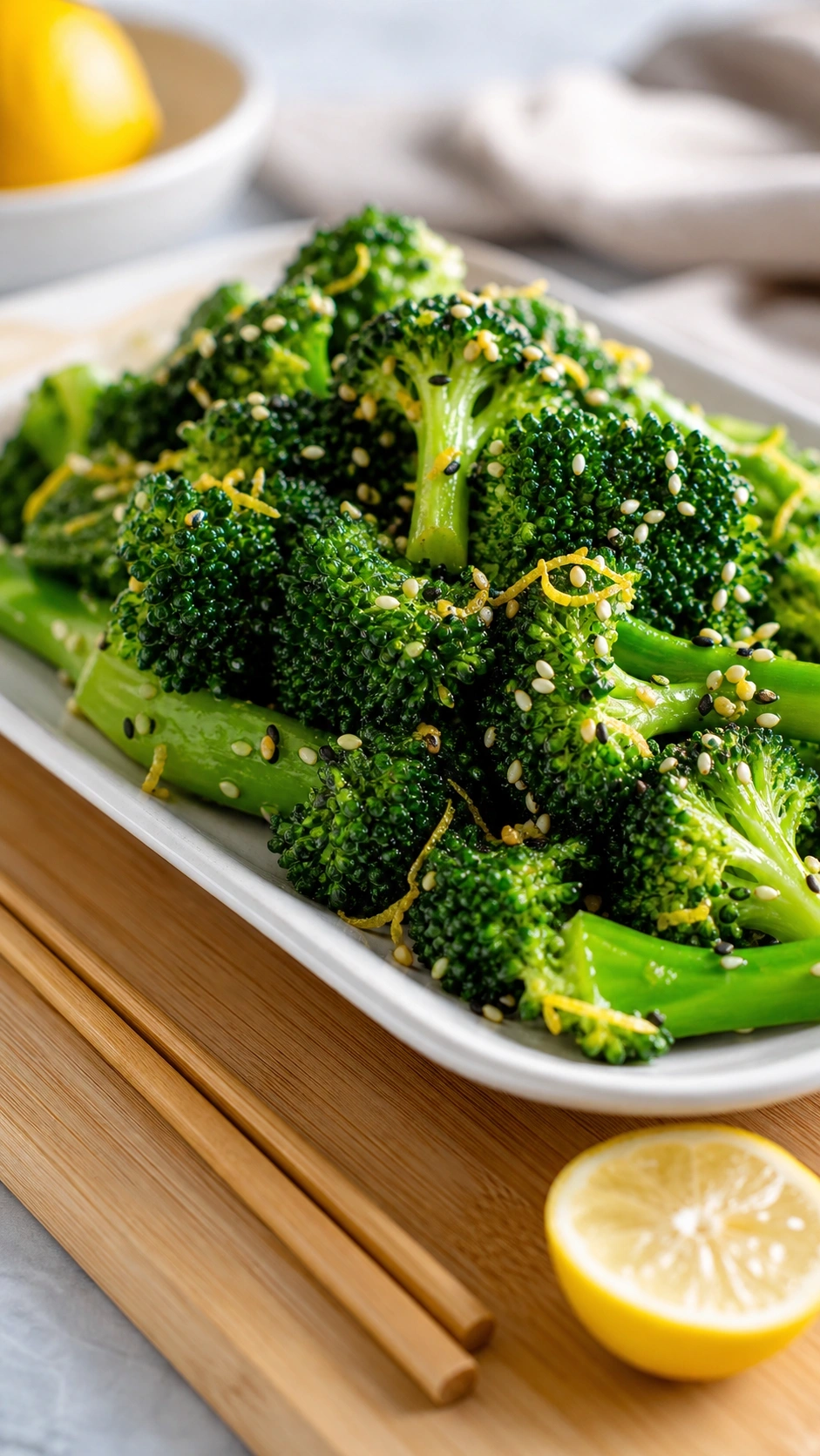 Vibrant sesame lemon broccoli spears with toasted seeds and citrus zest served on a minimalist bamboo cutting board.
