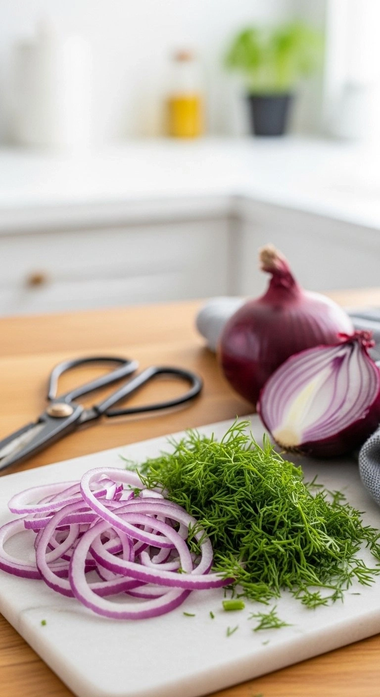 Vibrant Sliced Red Onions And Freshly Chopped Green Dill Herbs On A Natural Wood Cutting Board In A Bright Kitchen.