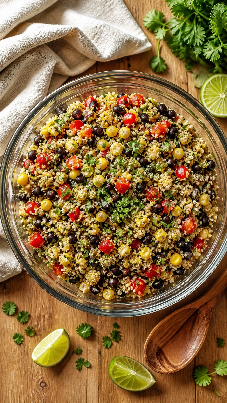 Vibrant Spicy Quinoa Black Bean Salad With Bell Peppers, Corn, Cilantro, And Lime Dressing In A Clear Bowl.