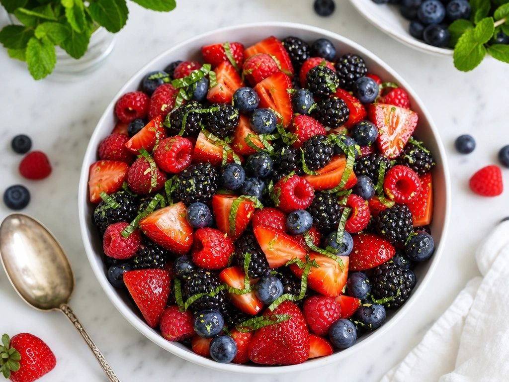 Vibrant summer berry fruit salad with fresh strawberries, blueberries, blackberries, raspberries, honey-lime glaze, and mint.