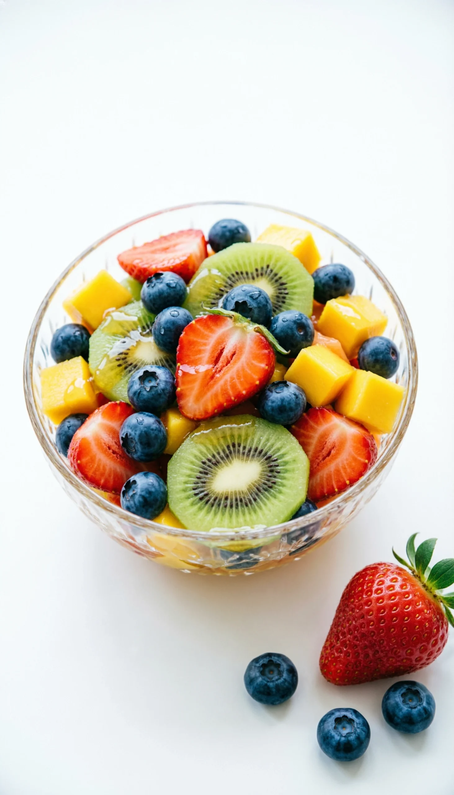 Vibrant summer fruit salad with strawberries, blueberries, kiwi, and mango in a clear glass bowl on a white background.