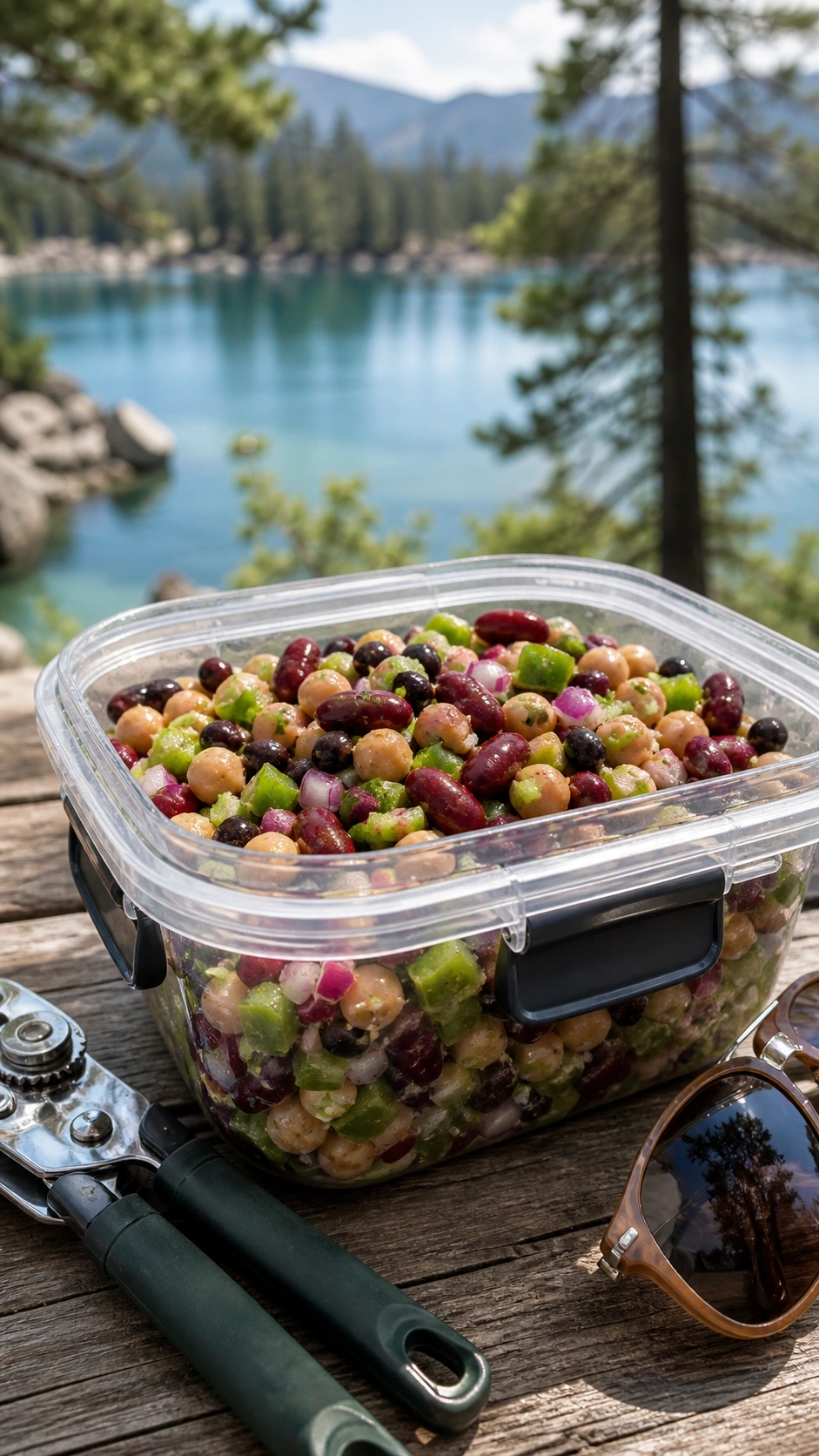 Vibrant three-bean camping salad with kidney, chickpea, black beans, and peppers in a clear container on a rustic table.