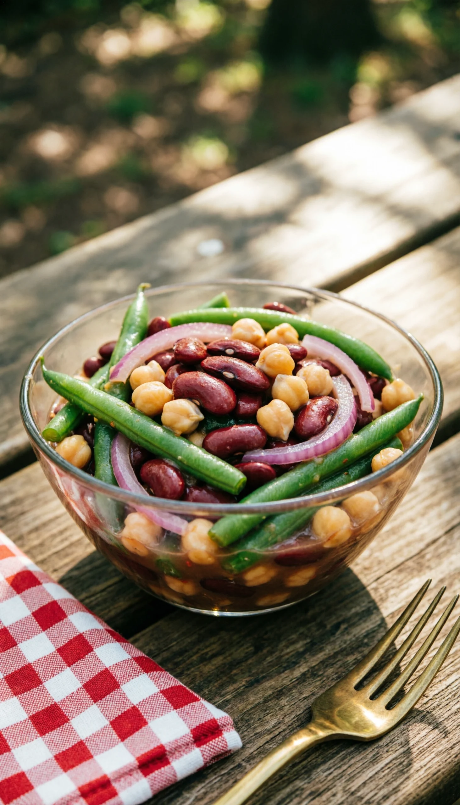 Vibrant three-bean salad with green beans, kidney, and garbanzo beans in a glass bowl on a wooden picnic table.