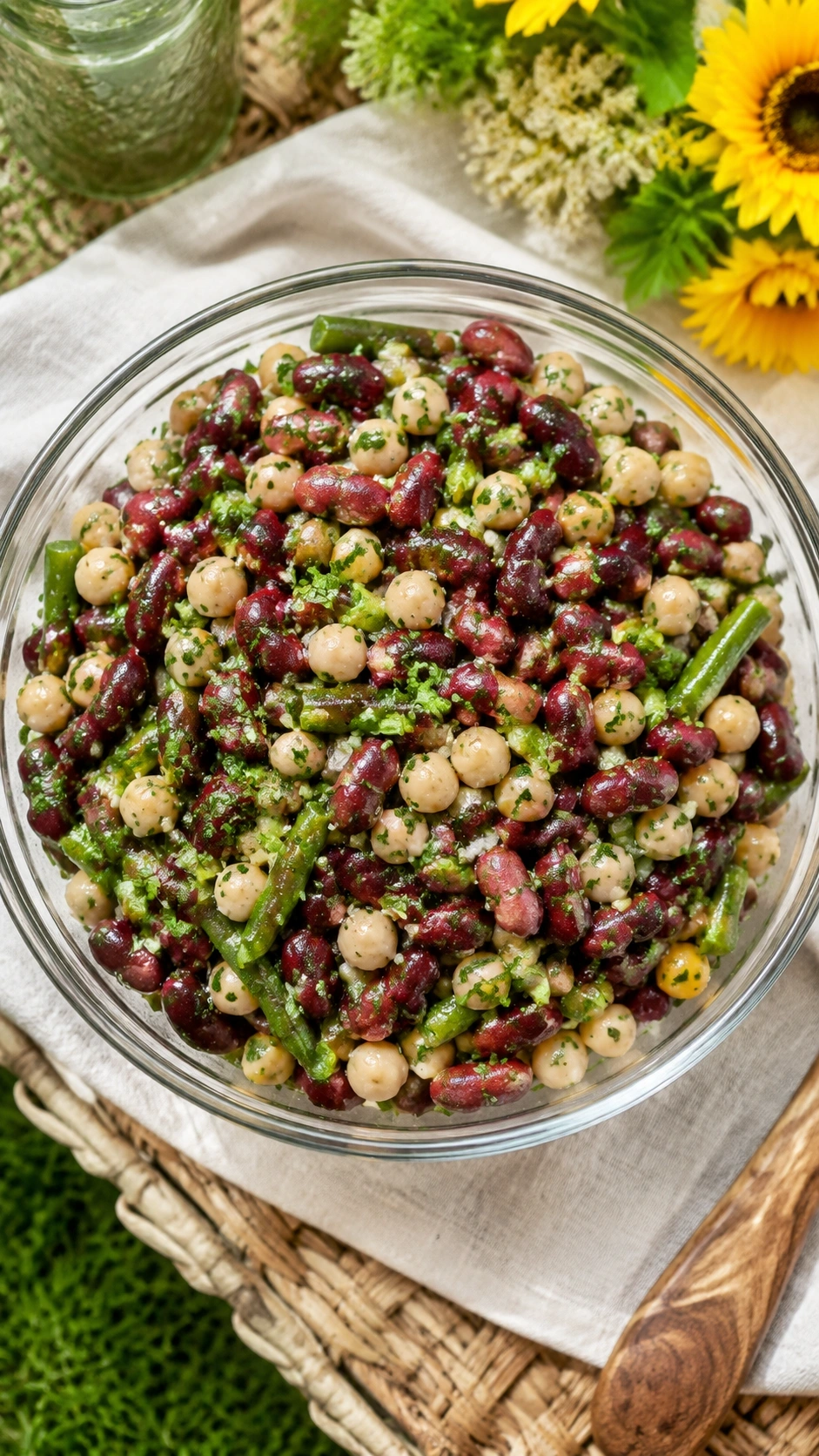 Vibrant three-bean salad with kidney beans, chickpeas, and herb vinaigrette in a glass bowl on a picnic table.