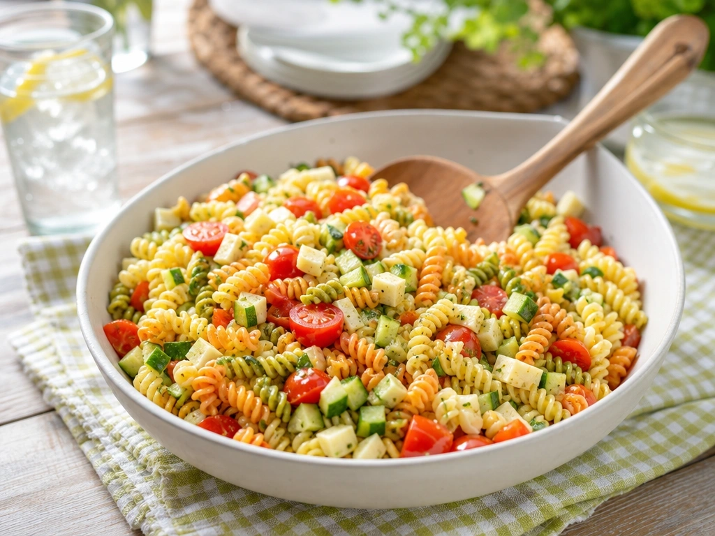 Vibrant tri-color rotini pasta salad with cucumbers and tomatoes in a bowl for a fresh homemade summer bbq side dish.