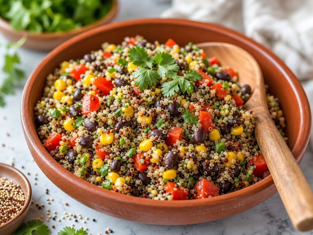Vibrant tricolor quinoa salad with red bell peppers, black beans, and corn on a polished white marble countertop.