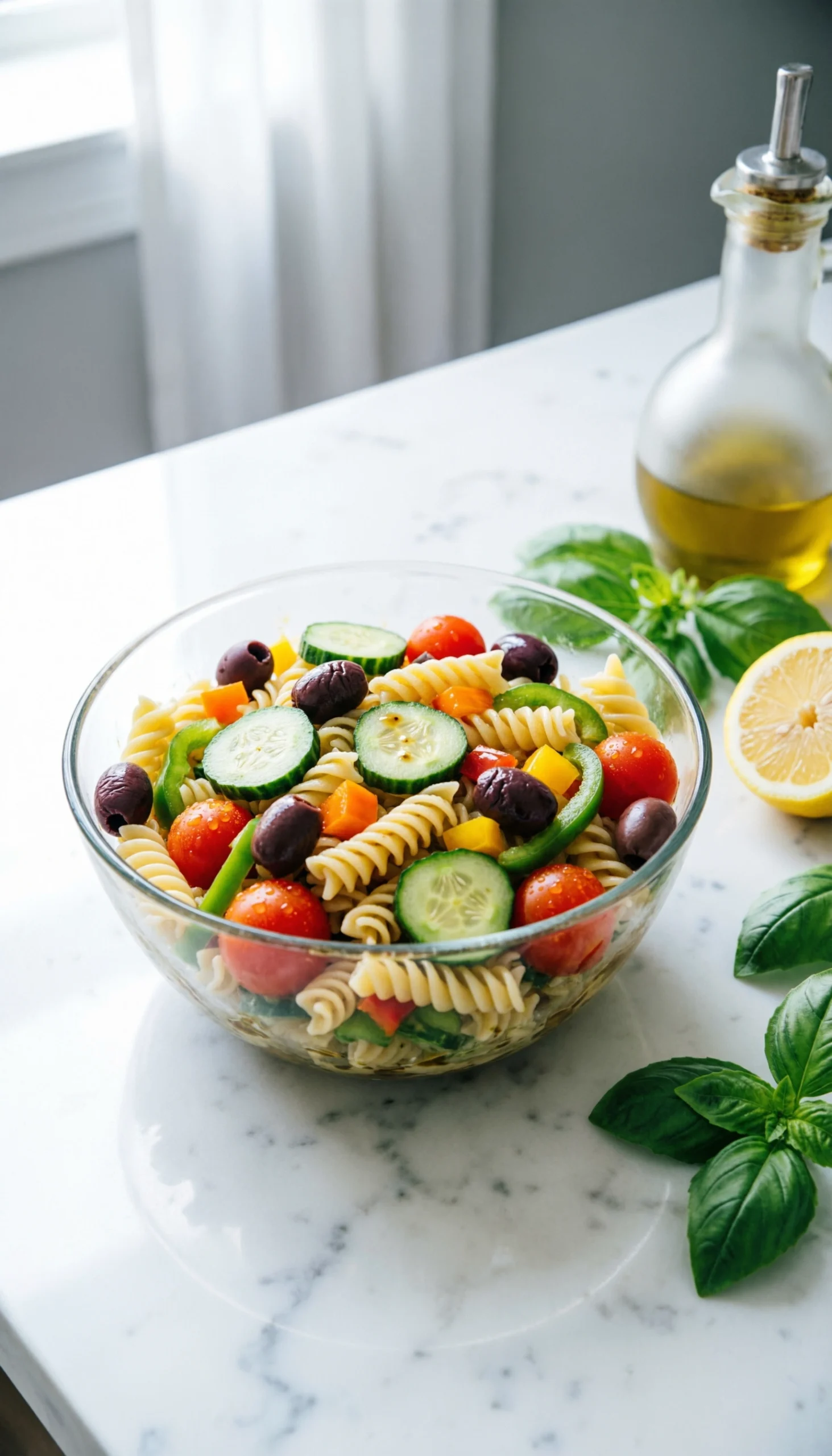 Vibrant vegan pasta salad with rotini, cherry tomatoes, cucumber, black olives, and bell peppers in a clear glass bowl on a white marble.