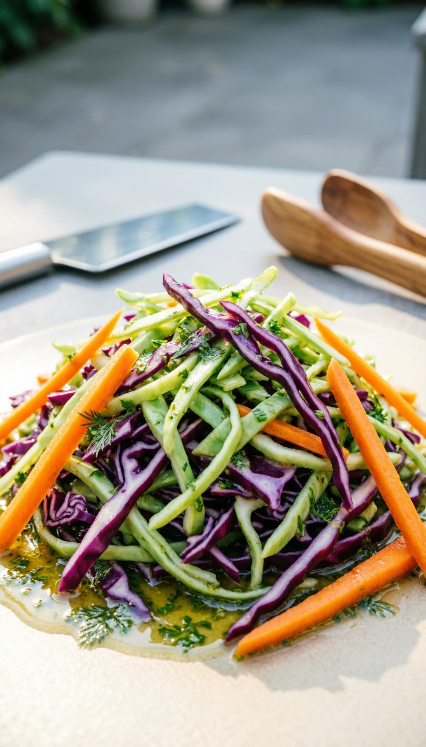 Vibrant vinaigrette coleslaw with shredded green and purple cabbage, orange carrots, and herb dressing on a light stone surface.
