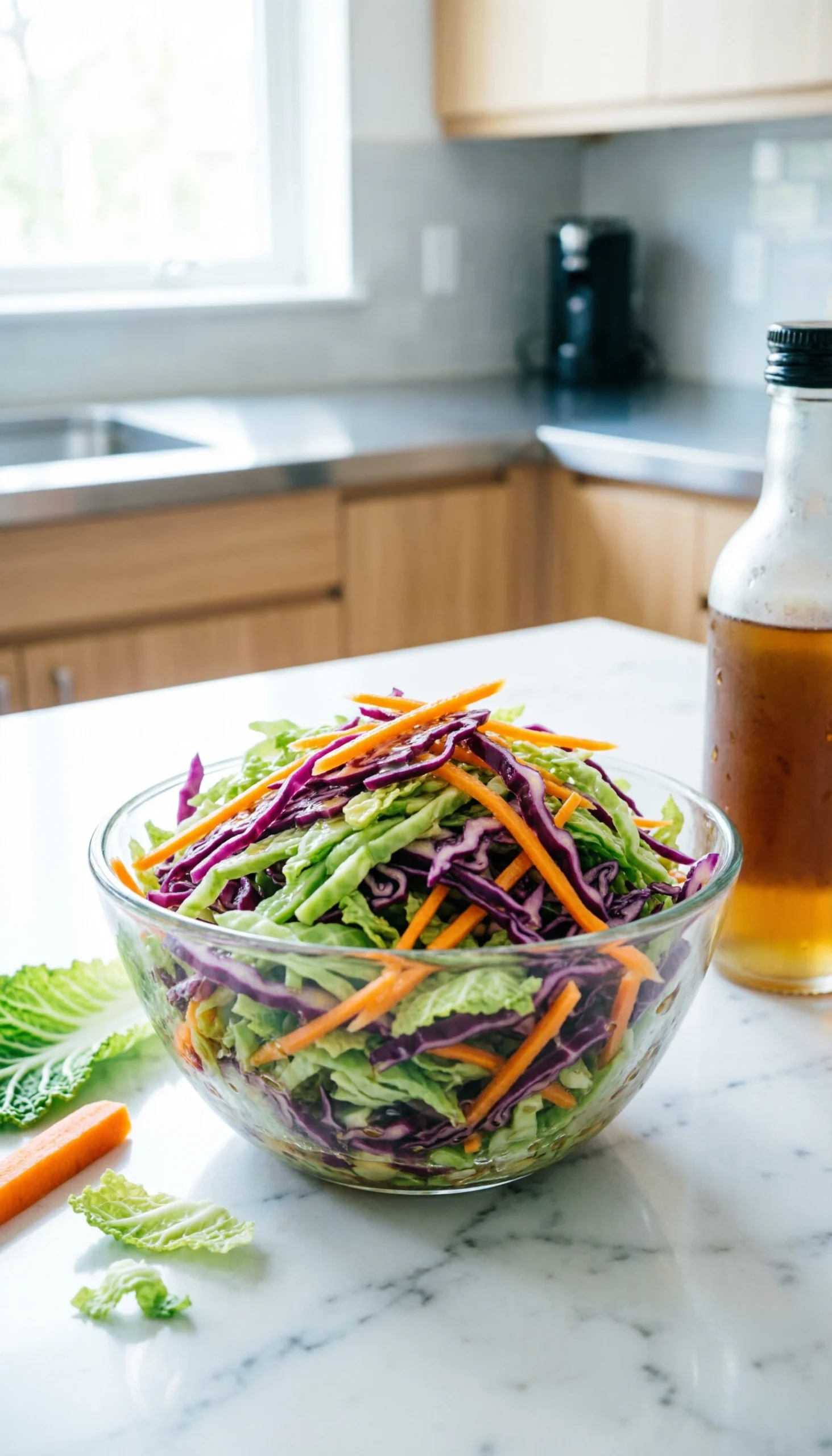 Vibrant vinegar-based coleslaw with crisp shredded green and purple cabbage and carrots in a clean glass bowl.