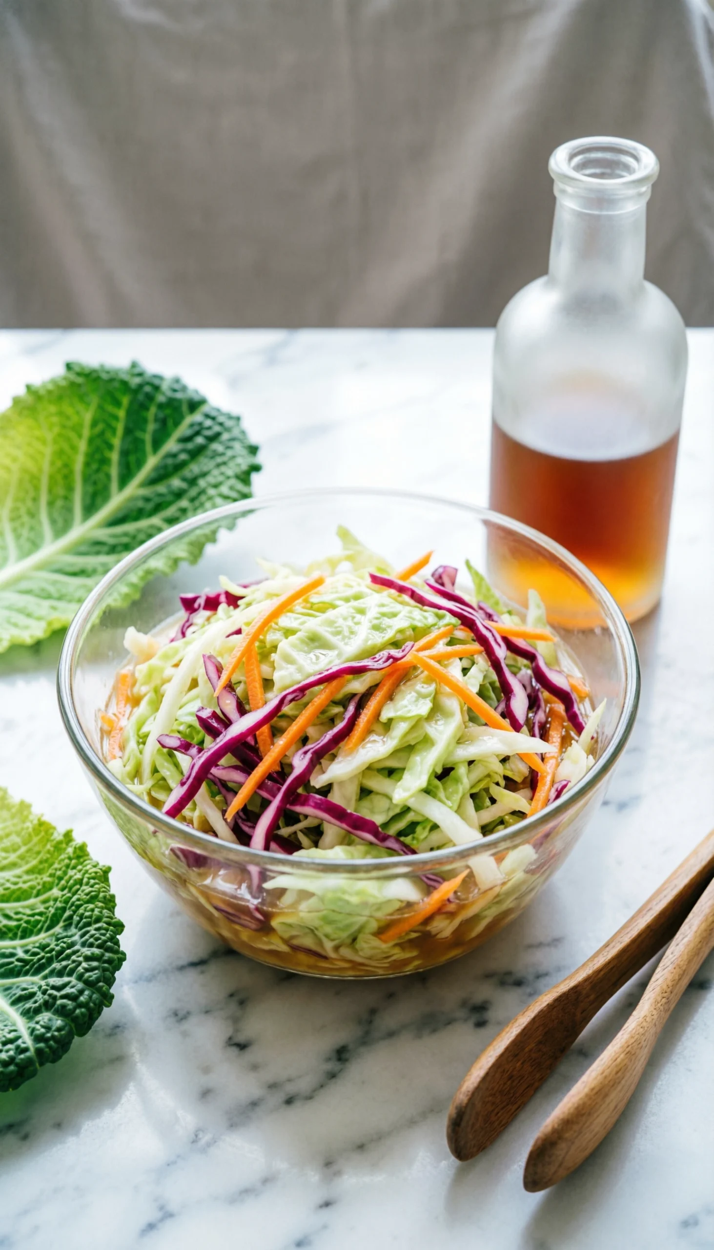 Vibrant vinegar-based coleslaw with shredded green and red cabbage and carrots in a modern glass bowl.