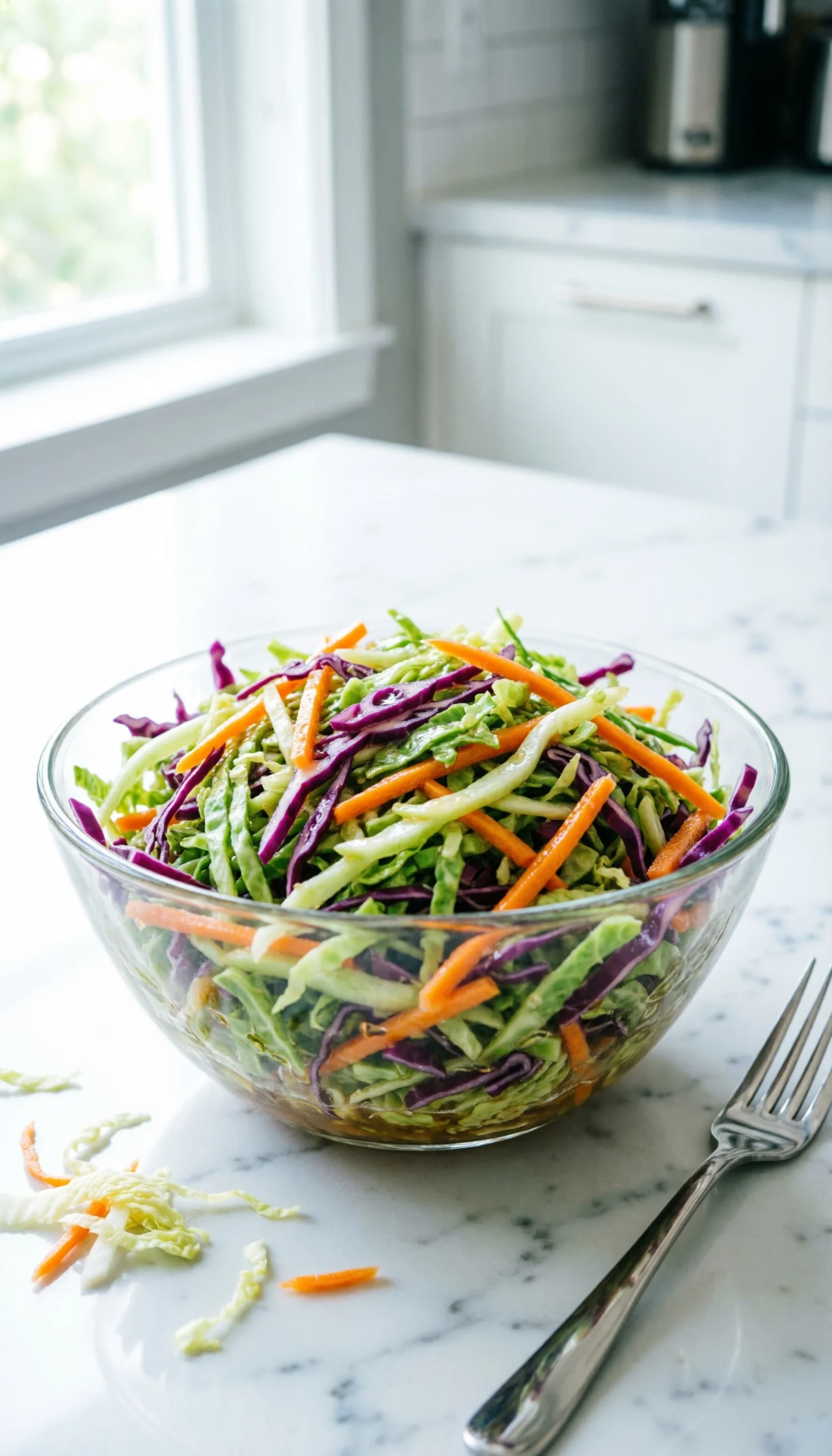 Vibrant vinegar coleslaw with green and purple cabbage, carrots, and light dressing in a glass bowl on a white marble countertop.