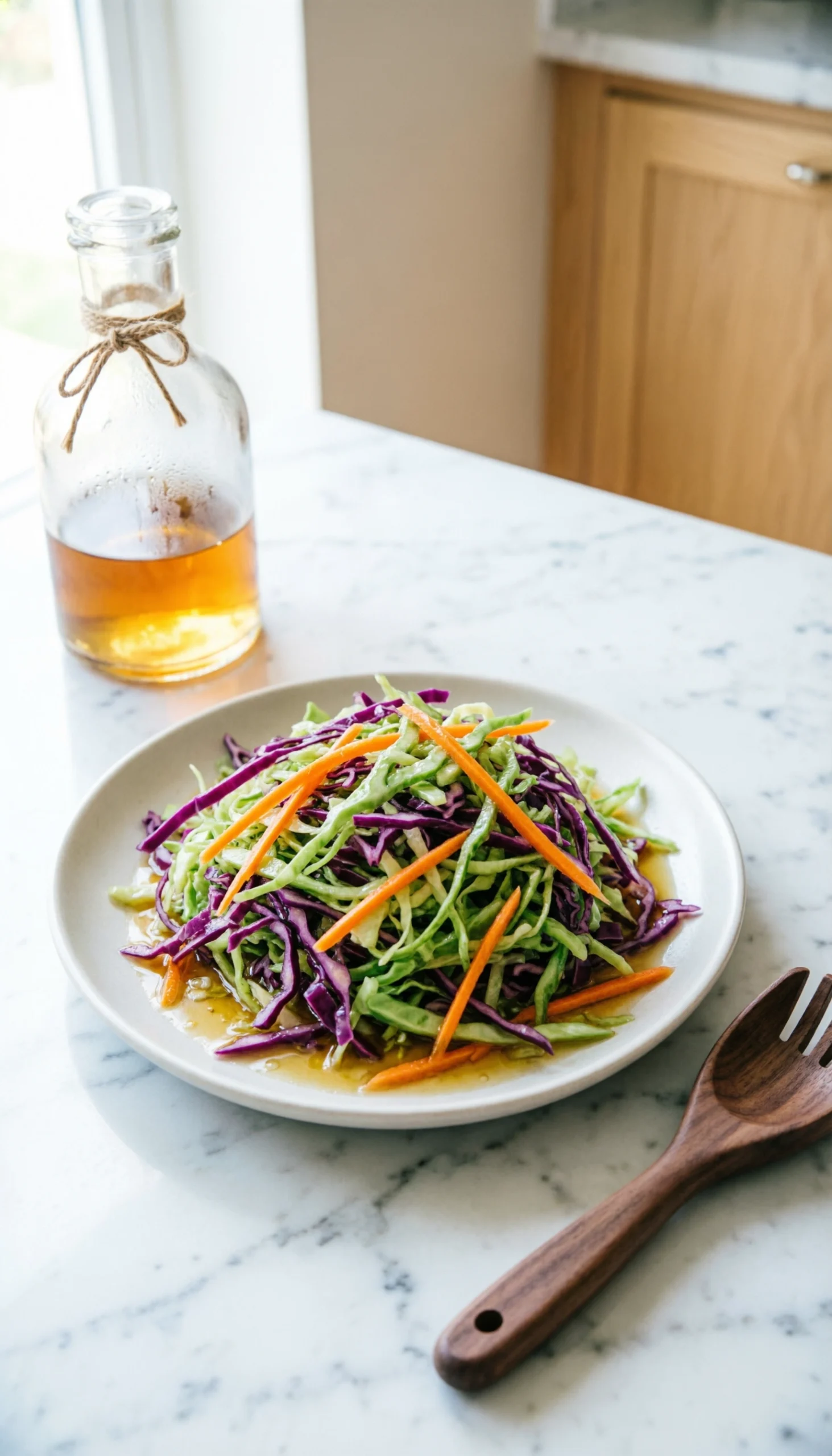 Vibrant vinegar coleslaw with shredded green and purple cabbage and carrots on a white marble kitchen countertop.