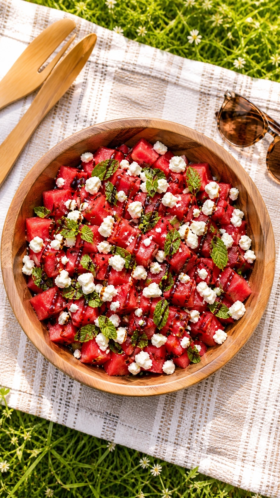 Vibrant watermelon and feta camping salad with mint leaves in a wooden bowl on a picnic blanket in a grassy meadow.