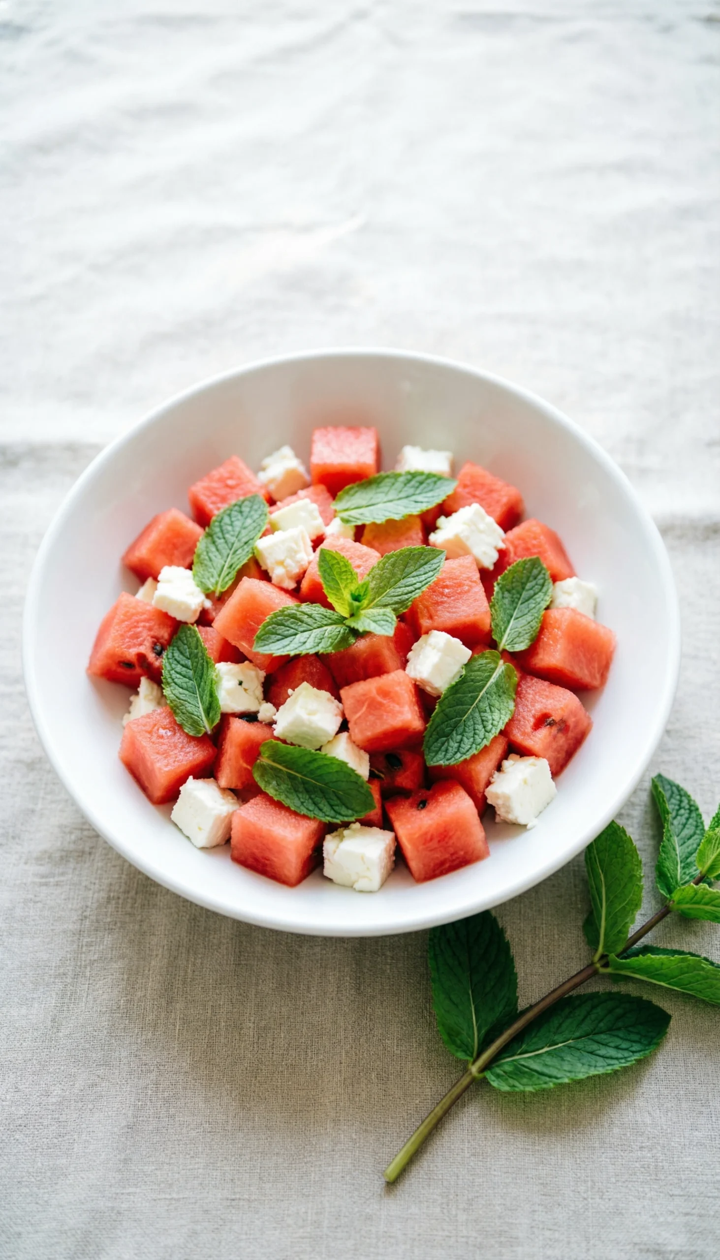 Vibrant watermelon, feta, and mint salad in a white bowl on a textured surface, perfect for a refreshing summer meal.