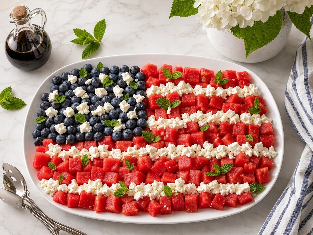 Vibrant watermelon feta salad with blueberries, mint, and balsamic glaze on a white platter, artfully arranged like an American flag.