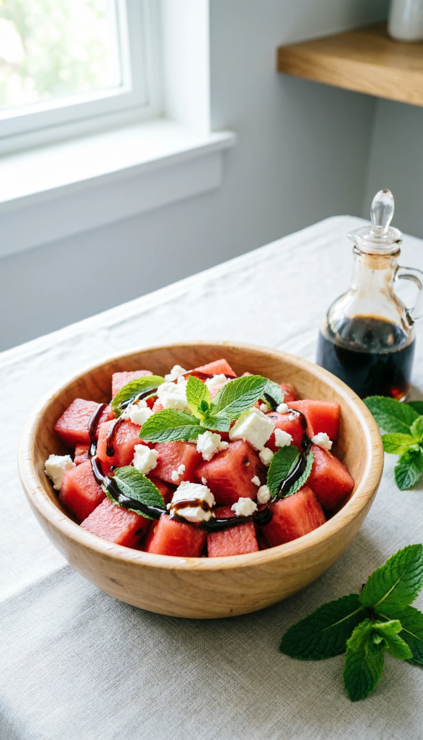 Vibrant watermelon feta salad with mint and balsamic glaze in a wooden bowl on a linen tablecloth, perfect for summer.