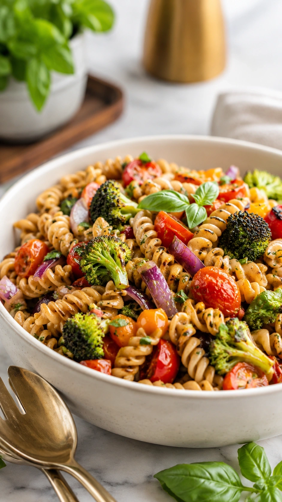 Vibrant whole wheat rotini pasta salad with roasted cherry tomatoes, caramelized broccoli, and red onions in herb vinaigrette.
