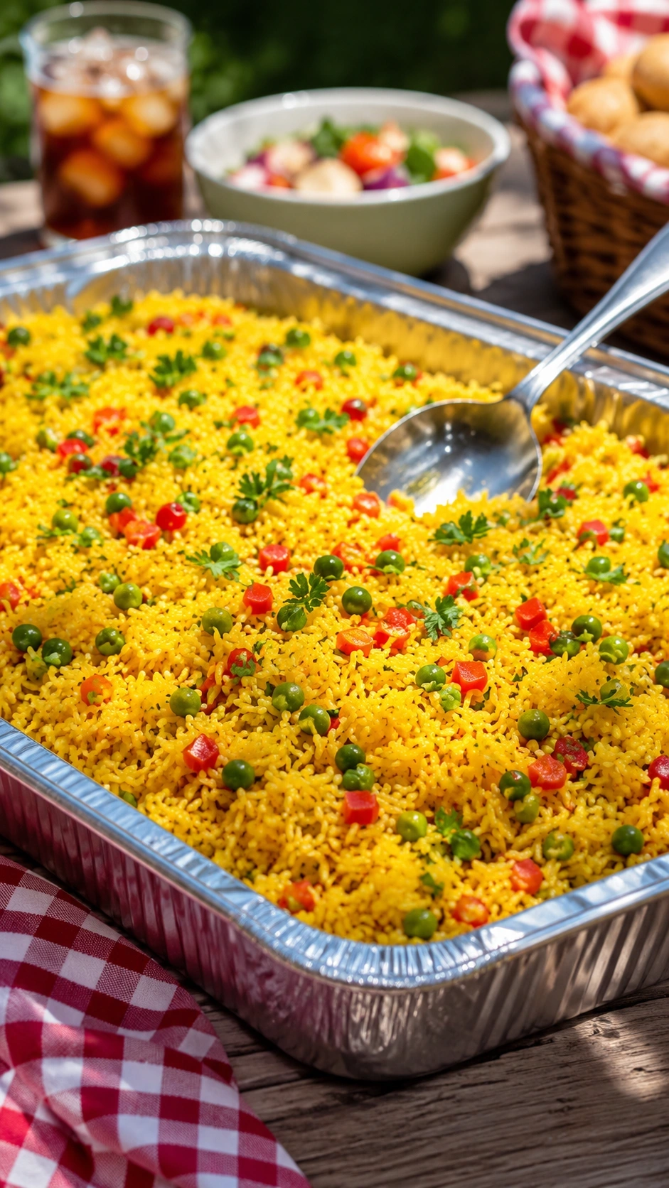 Vibrant yellow rice with peas and red peppers served in a large catering pan at an outdoor summer barbecue picnic.