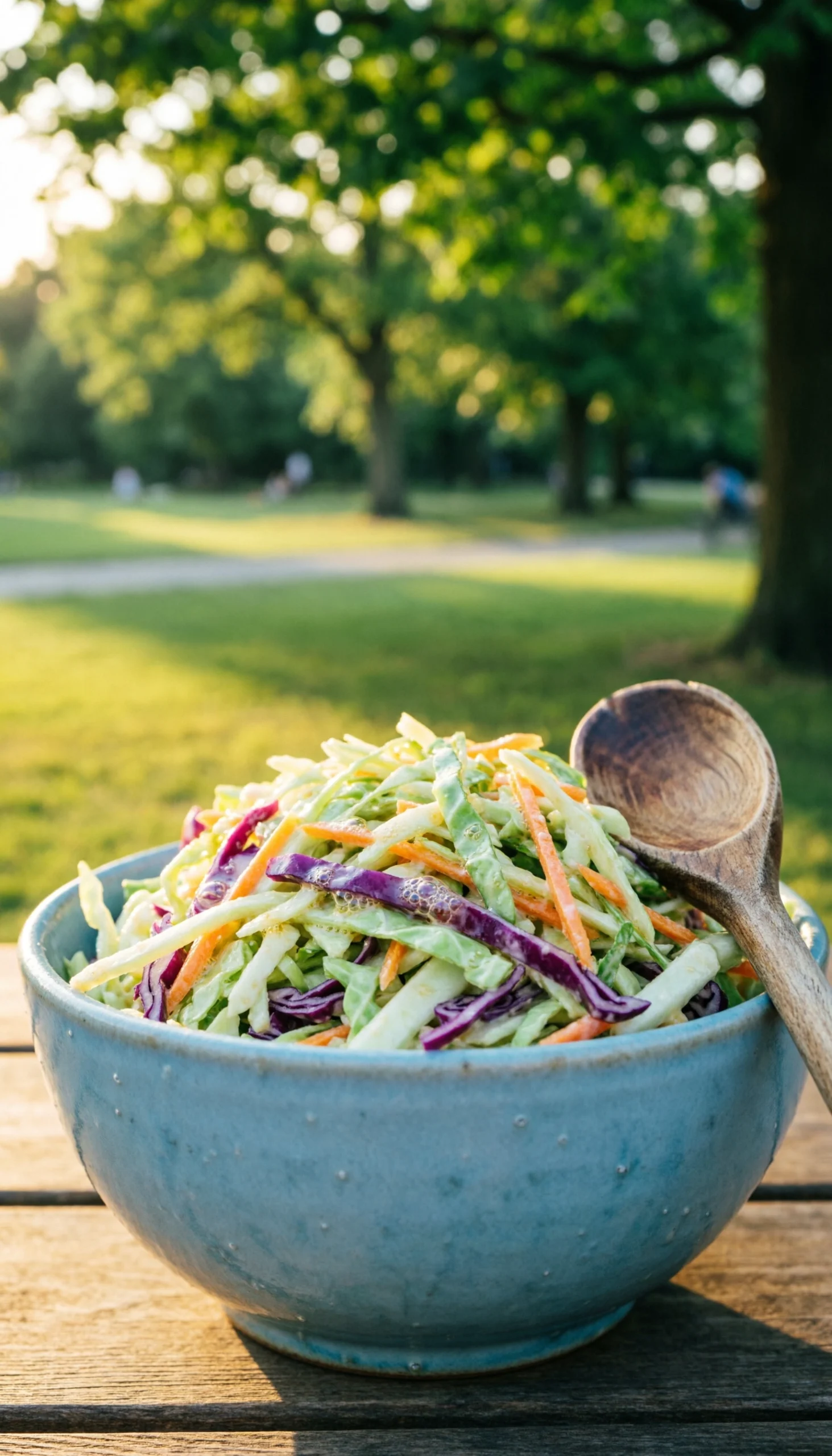 Vinegar Based Coleslaw With Shredded Green And Purple Cabbage In A Blue Stoneware Bowl On A Picnic Blanket.