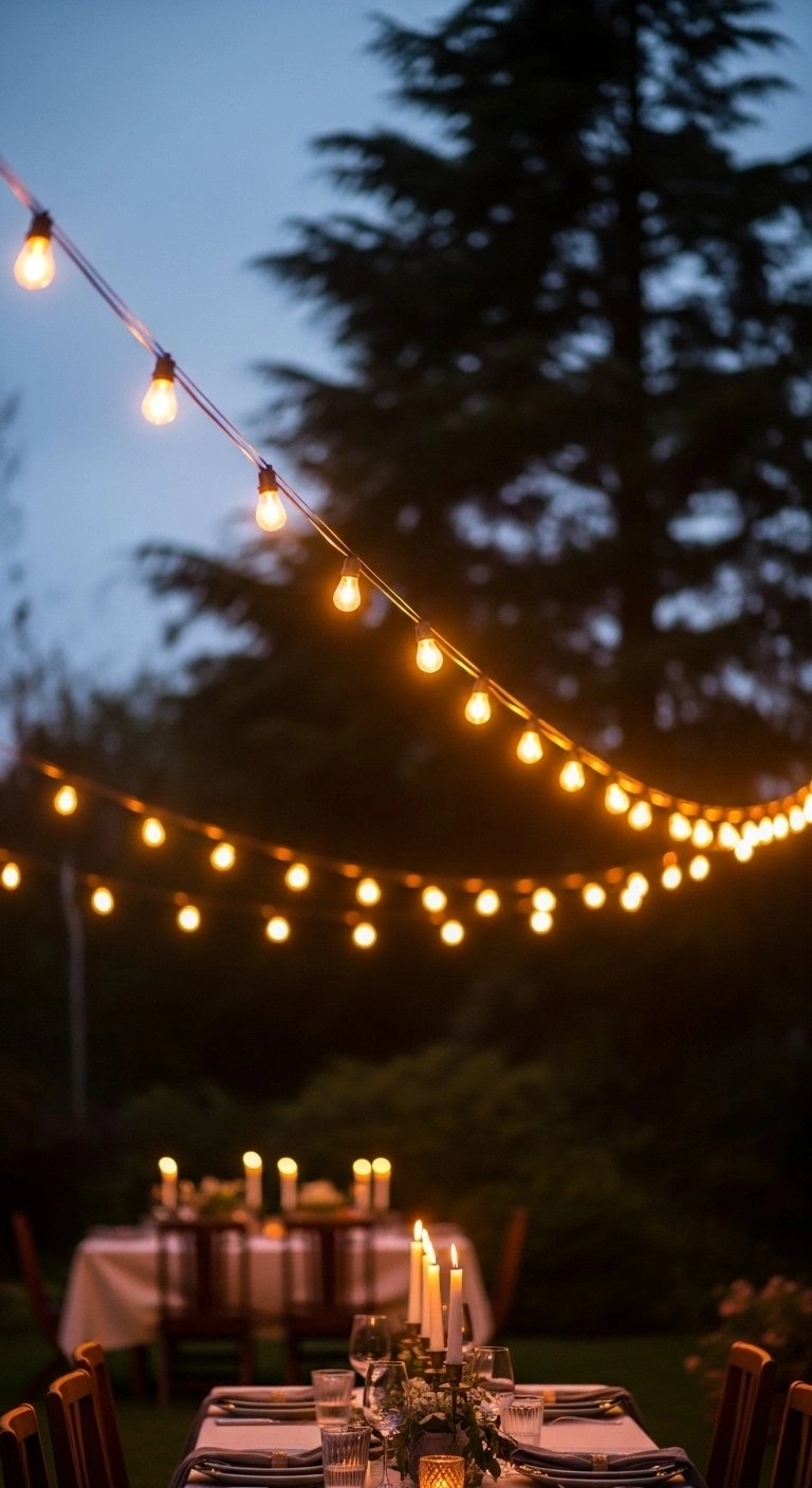 Warm Edison-Style Outdoor String Lights Glowing Over An Elegant Patio Dining Area During A Golden Hour Sunset.