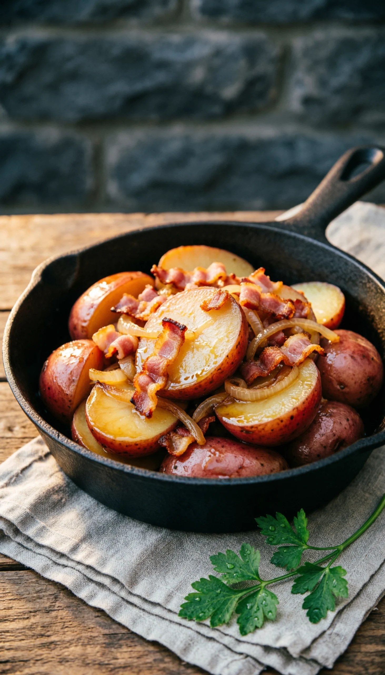 Warm German potato salad with red potatoes and crispy bacon in a rustic cast iron skillet on a dark wooden table.