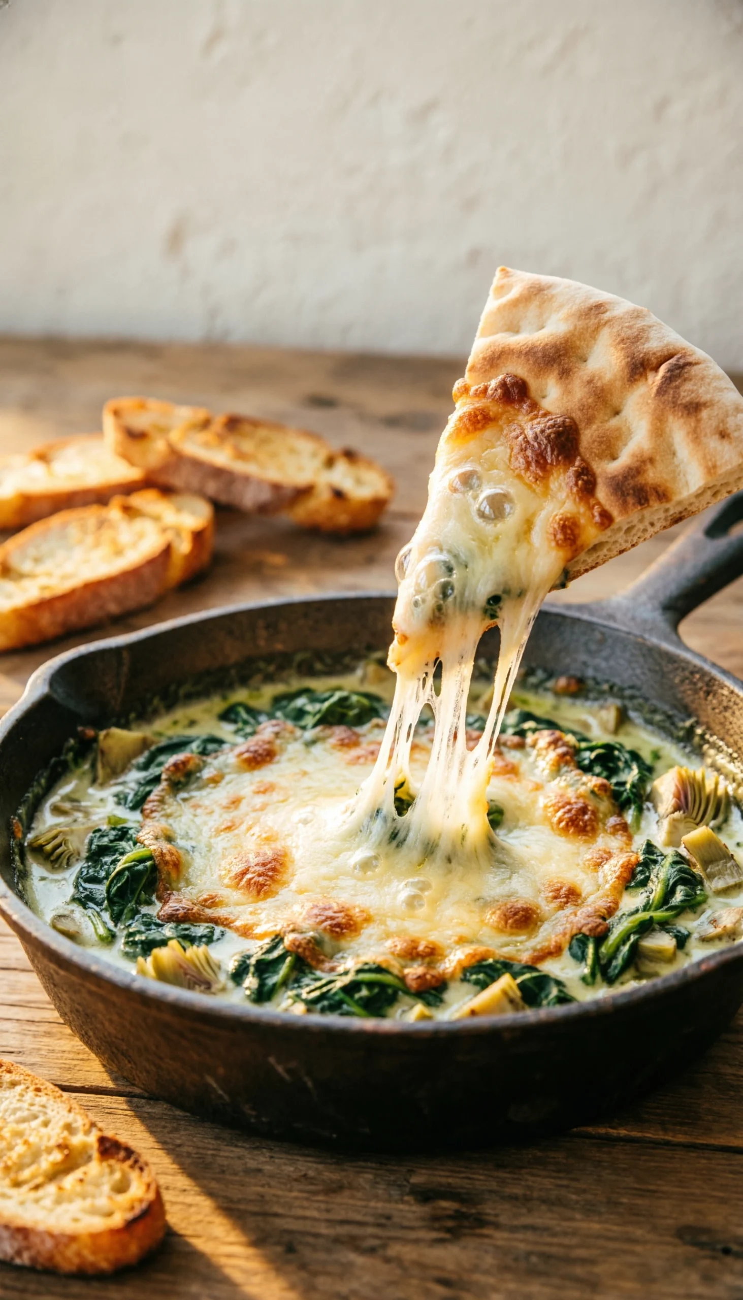 Warm bubbling spinach artichoke dip in a cast iron skillet, with a cheesy pita chip pull, on a rustic wooden table.