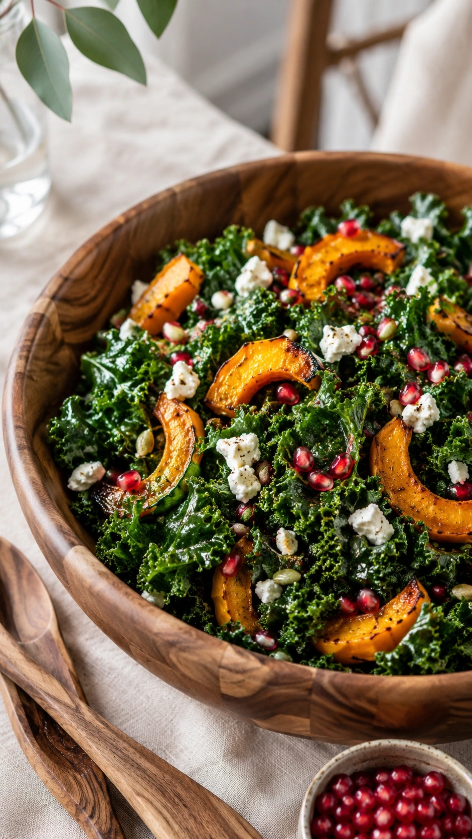 Warm kale and roasted acorn squash salad with pomegranate and goat cheese in a rustic wooden serving bowl.