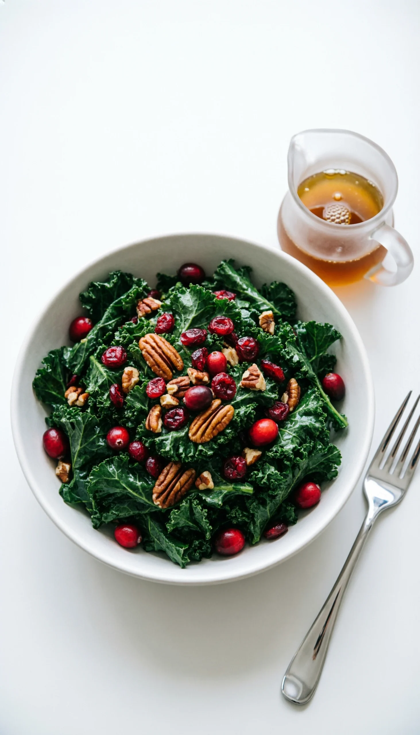 Warm kale salad with vibrant red cranberries and toasted pecans fills a large bowl, perfect for a healthy side dish.