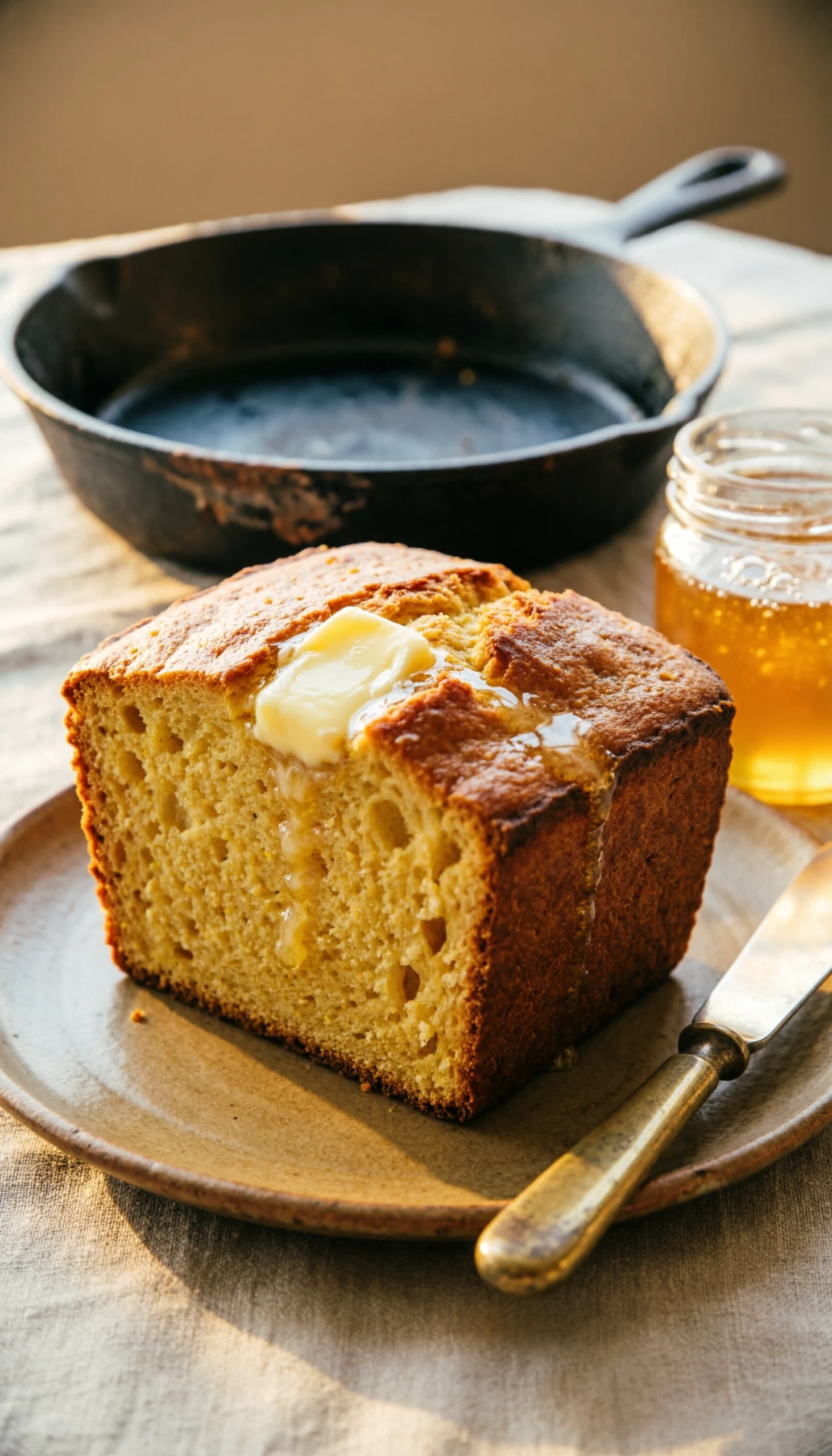 Warm slice of golden sweet cornbread with a melting pat of butter on a vintage ceramic plate for a cozy dinner.