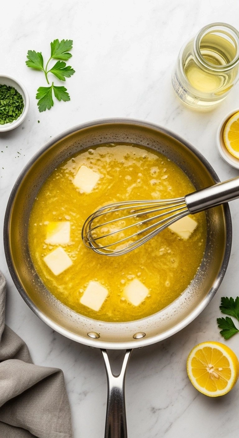 Whisking A Glossy White Wine Butter Sauce With Fresh Parsley In A Gleaming Skillet Over A Marble Countertop.