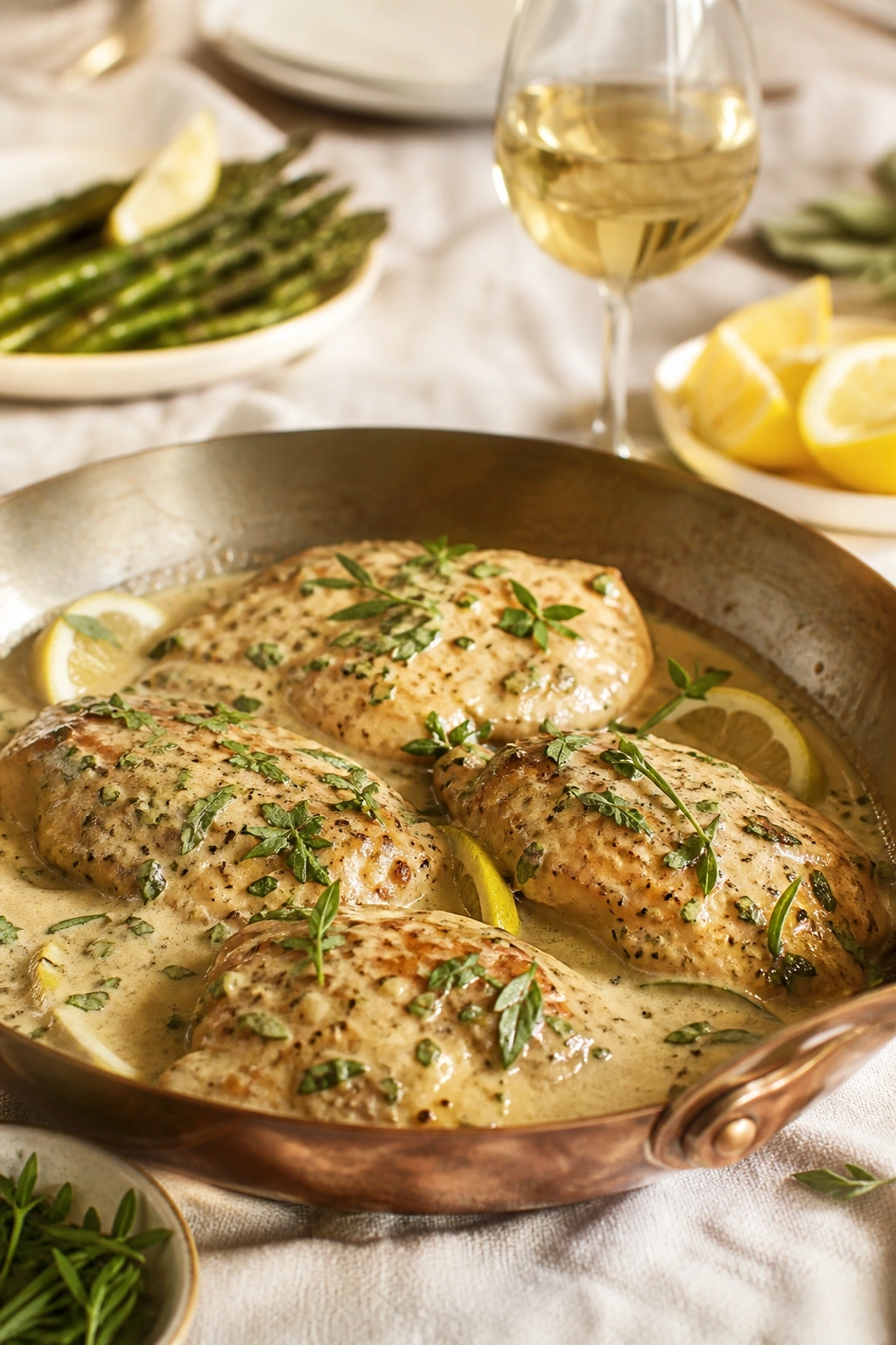 Whisking a rich Dijon mustard cream sauce with fresh herbs in a bubbling skillet on a rustic wooden table background.