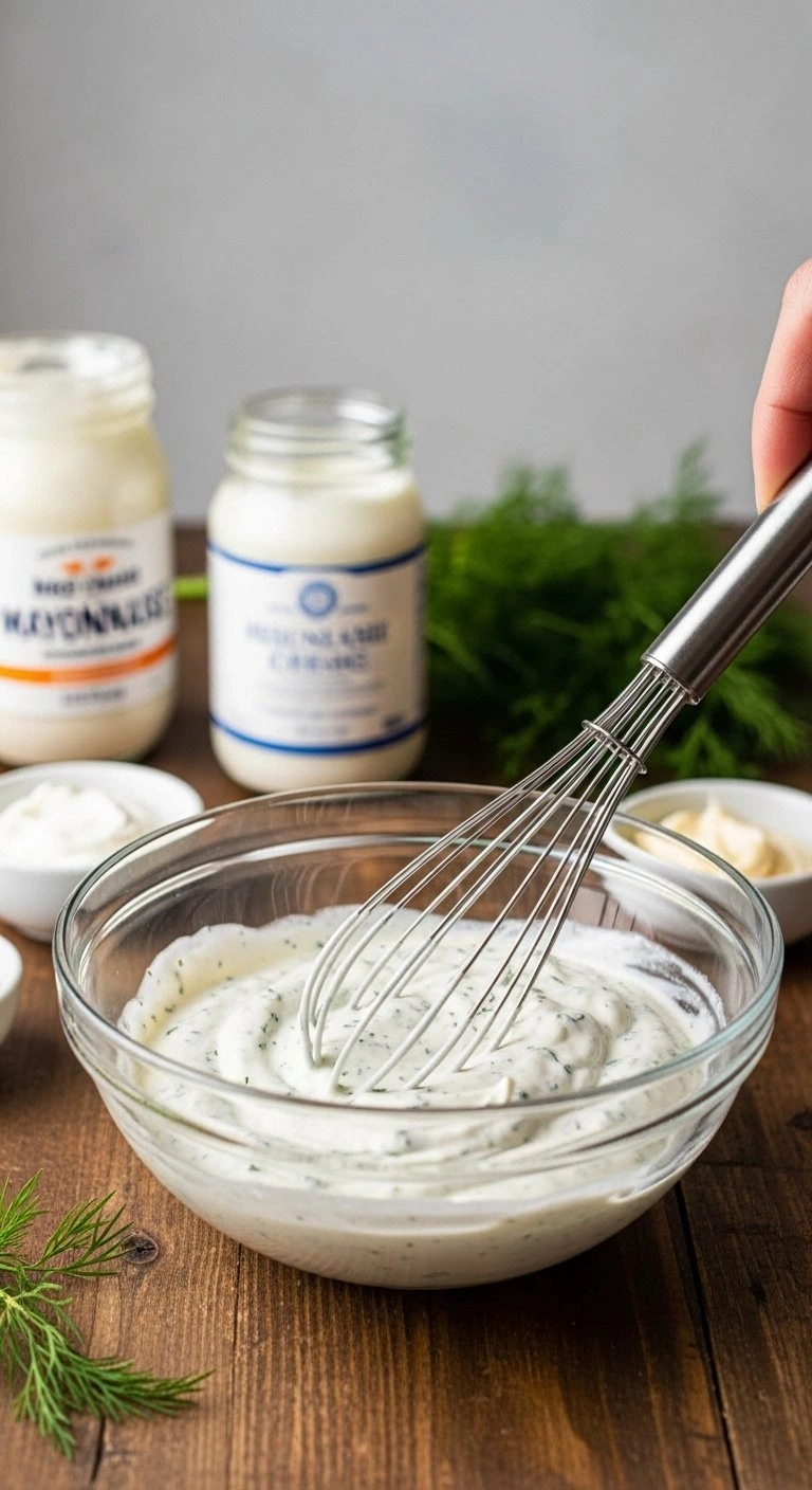 Whisking Creamy Keto Ranch Dressing With Fresh Herbs In A Glass Bowl On A Rustic Wooden Table For A Healthy Meal.