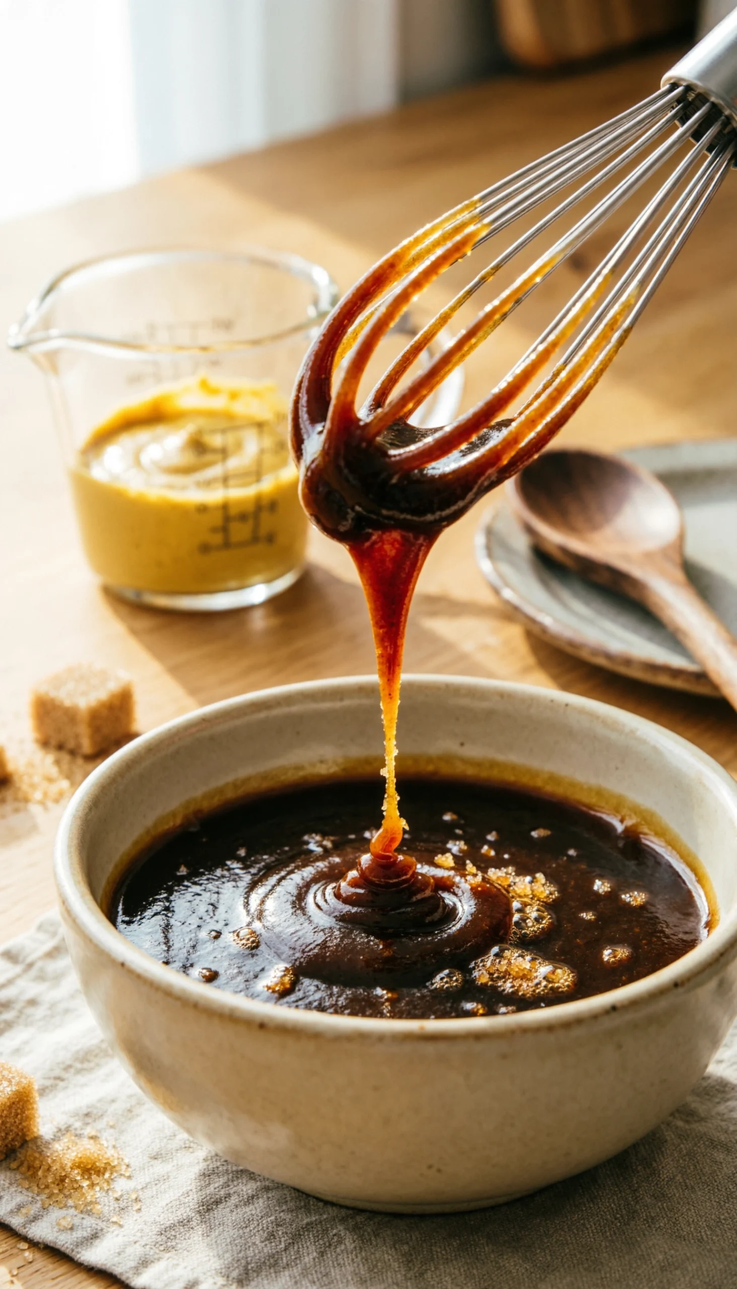 Whisking dark brown sugar and molasses into a thick, glossy BBQ sauce glaze over a vintage ceramic kitchen plate.