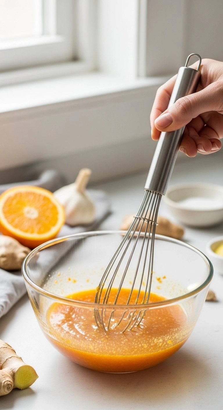 Whisking Vibrant Orange Sauce With Ginger And Garlic In A Glass Bowl On A White Countertop With Fresh Orange Slices.